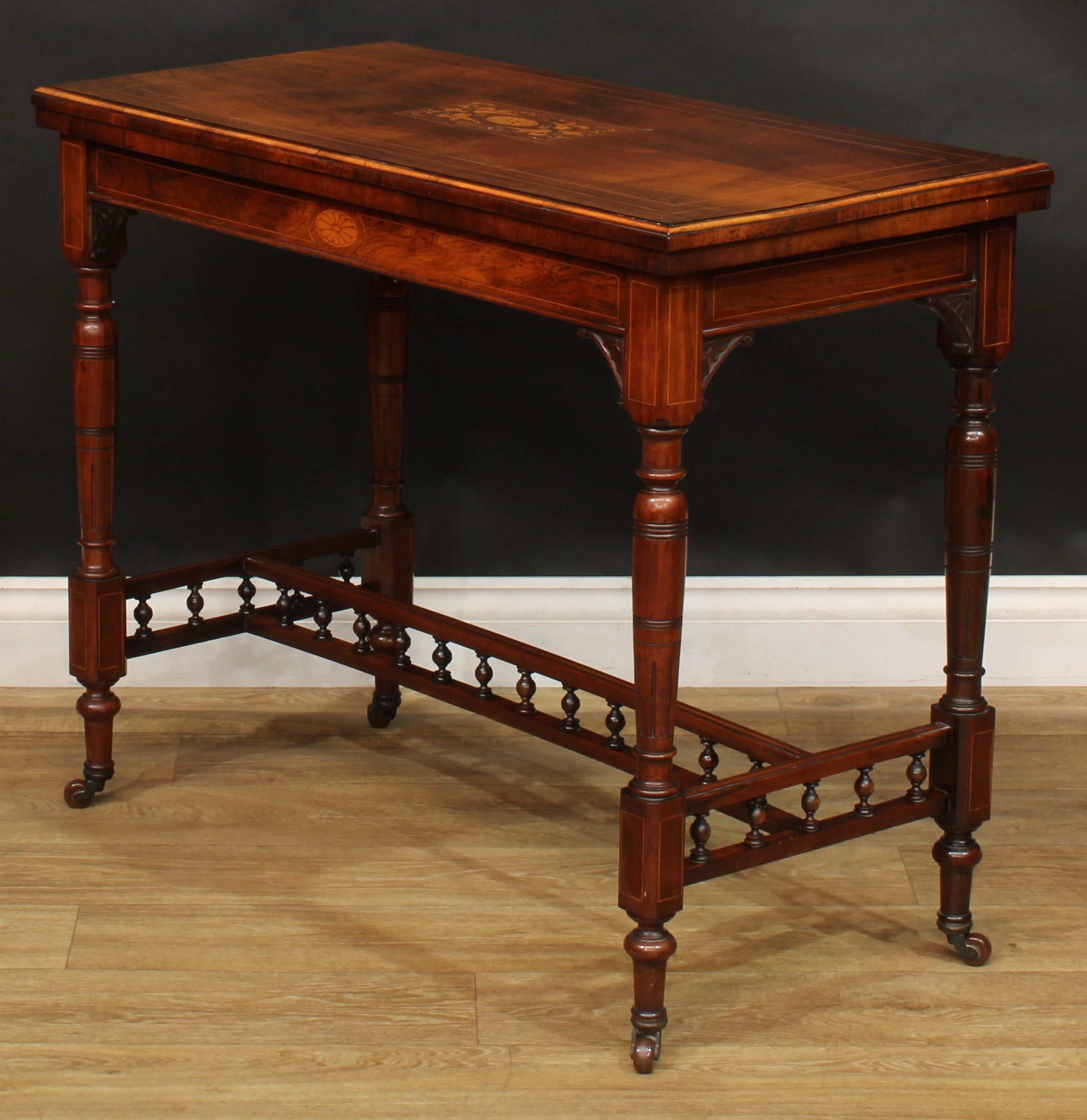 A late Victorian rosewood and marquetry card table, in the manner of Gillows of Lancaster and - Image 5 of 6