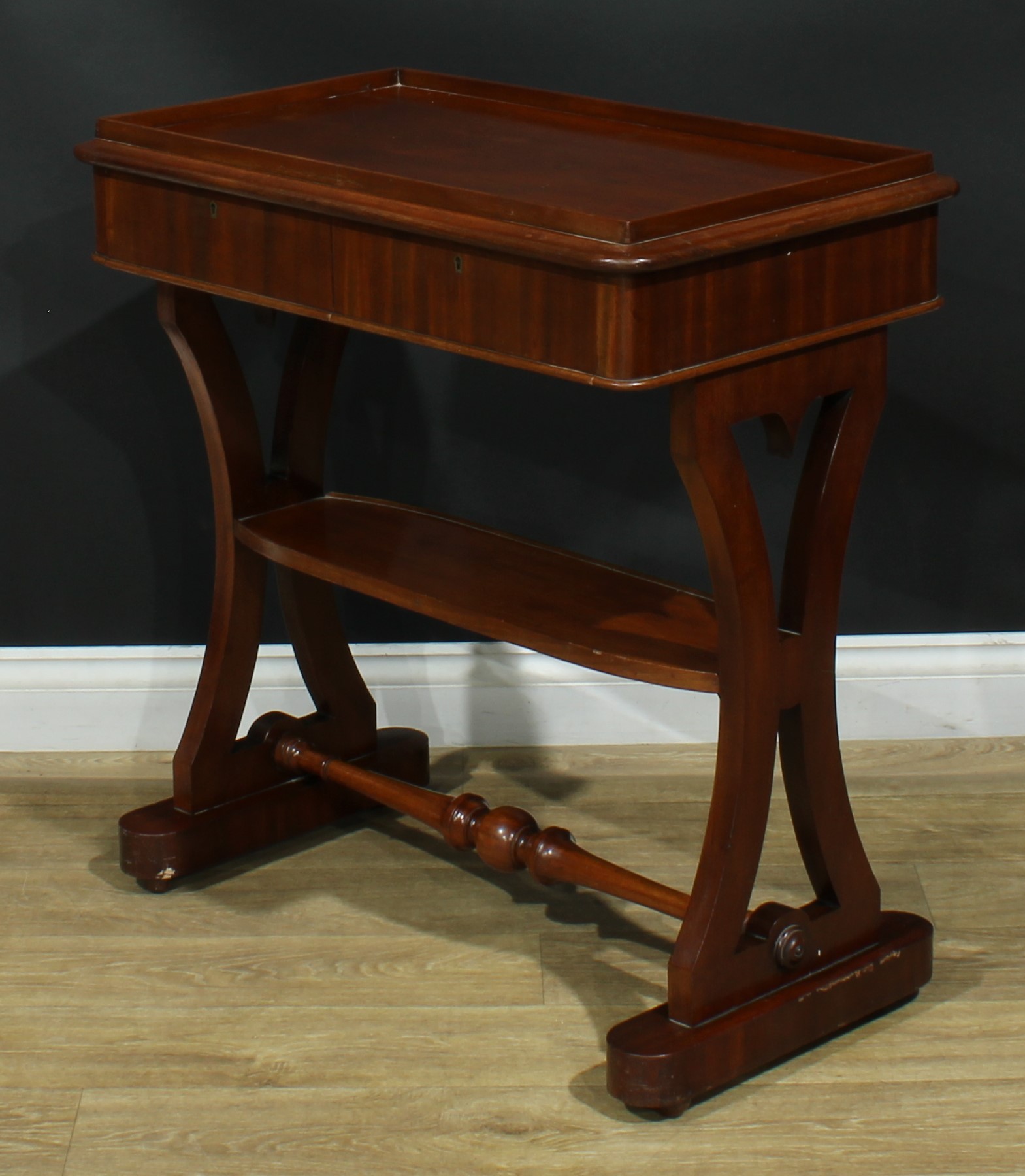 An early Victorian mahogany silver table, rounded rectangular galleried top above a pair of frieze - Image 5 of 6