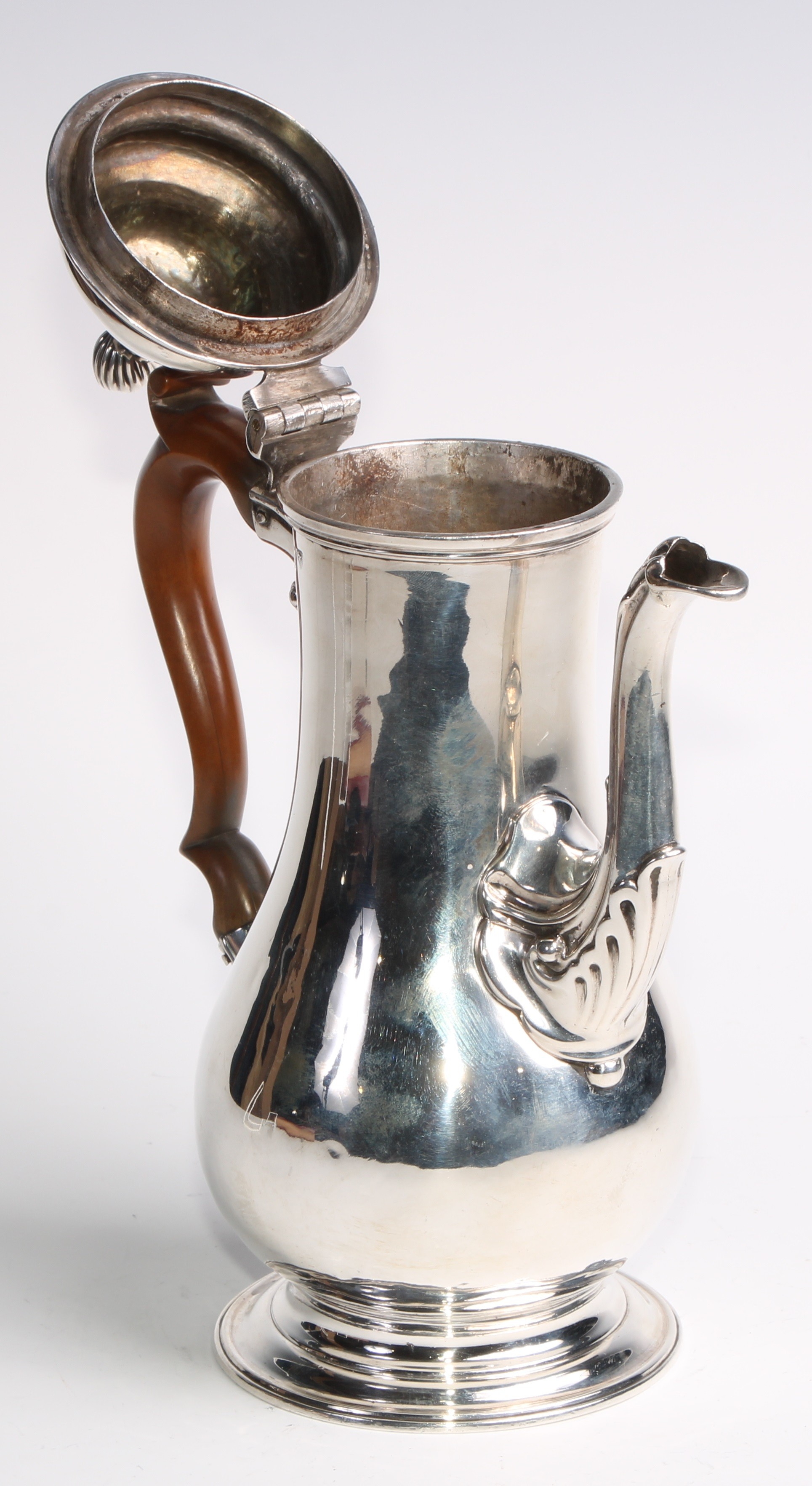 An early George III silver baluster pedestal coffee pot, hinged domed cover with spiral knop finial, - Image 4 of 7
