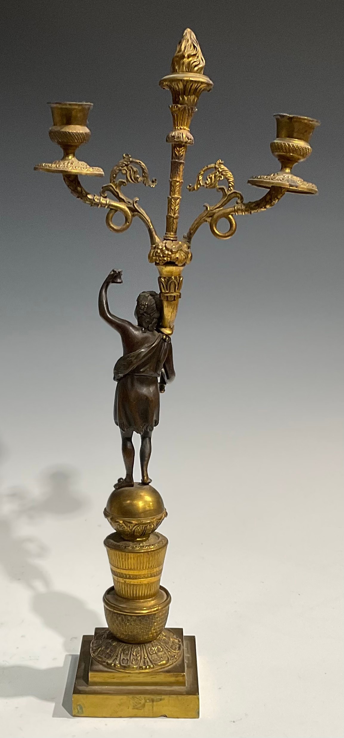 A pair of 19th century French bronze and ormolu figural two-light mantel candelabrum, each Bacchic - Image 5 of 8