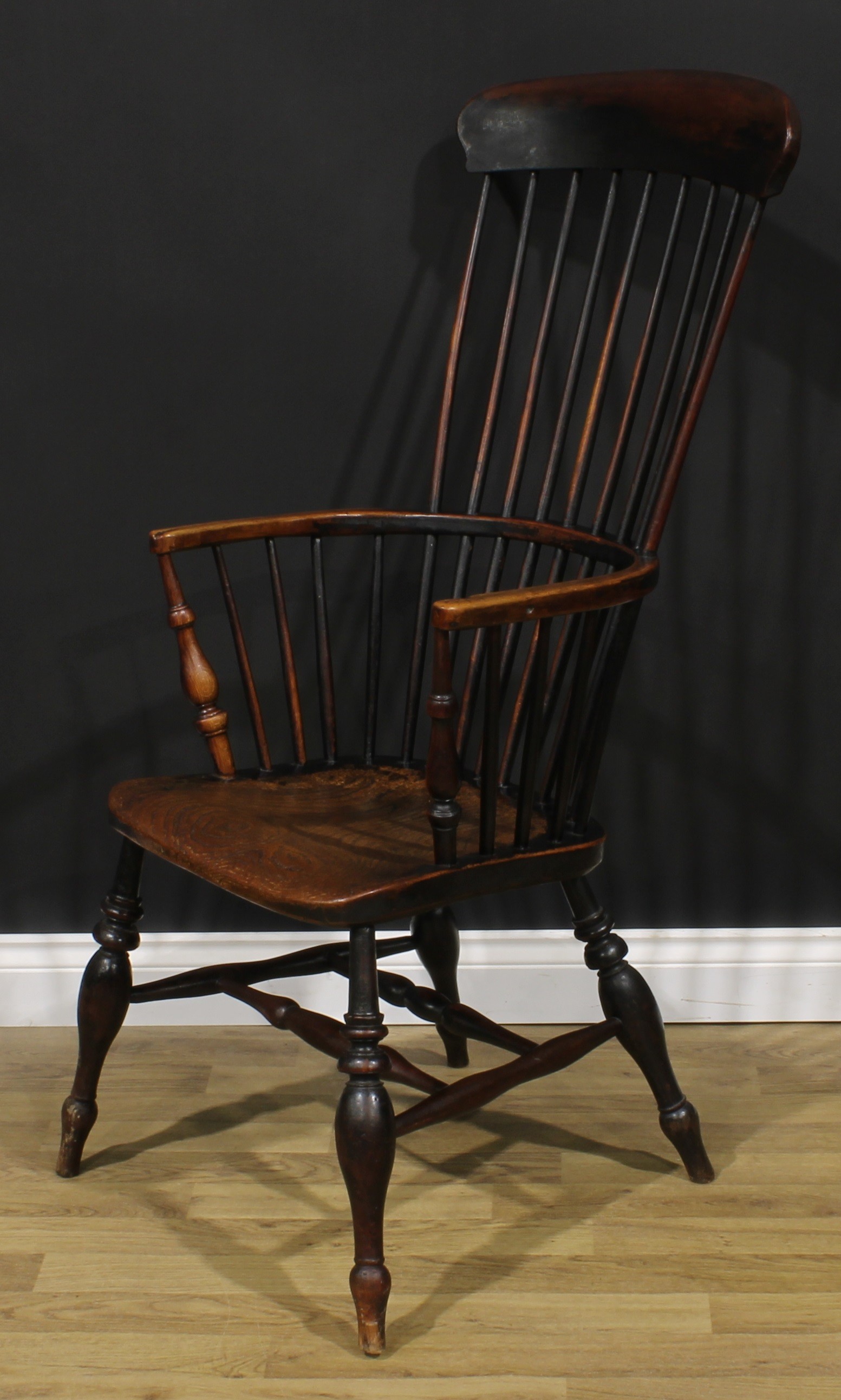 A 19th century fruitwood, elm, ash and beech Windsor elbow chair, tall tapered stick back, turned - Image 3 of 4
