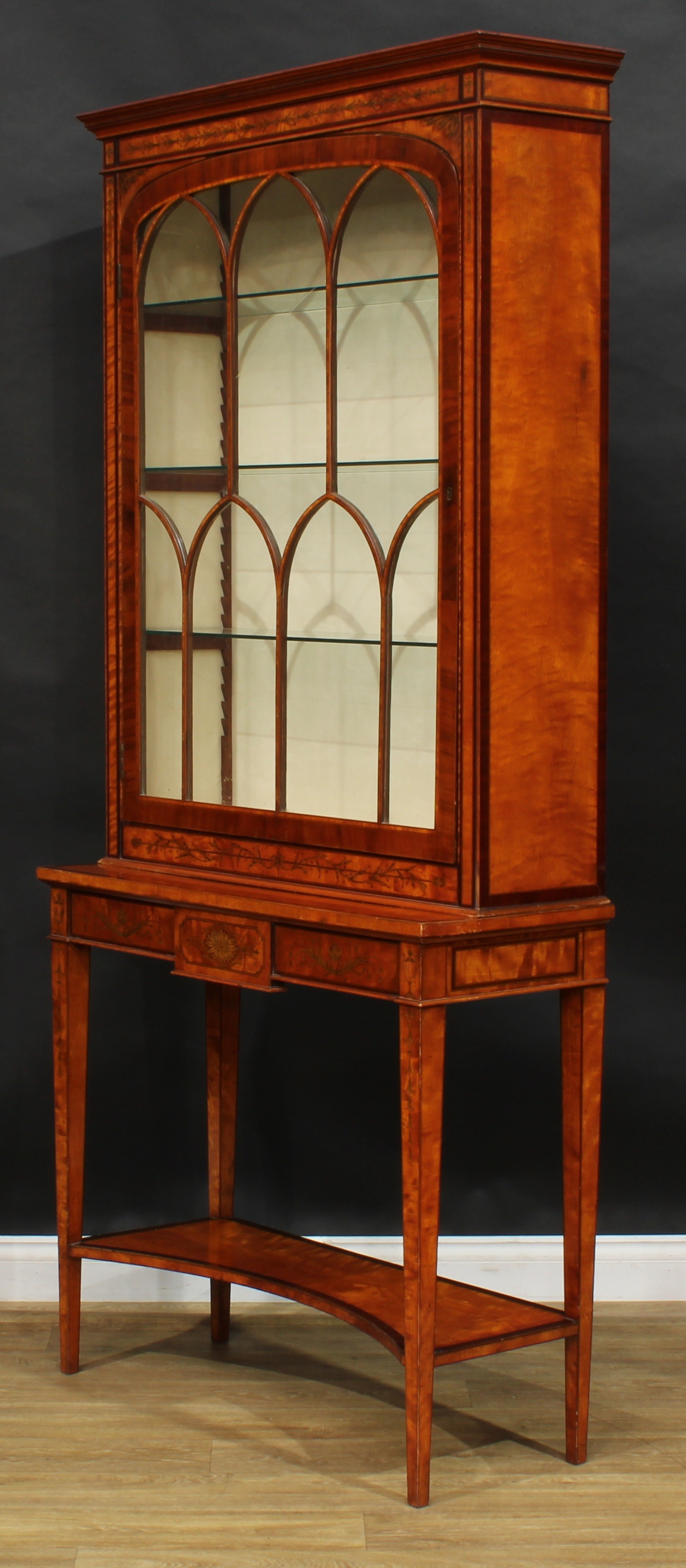 A Sheraton Revival mahogany crossbanded satinwood and marquetry display cabinet on stand, moulded - Image 4 of 5
