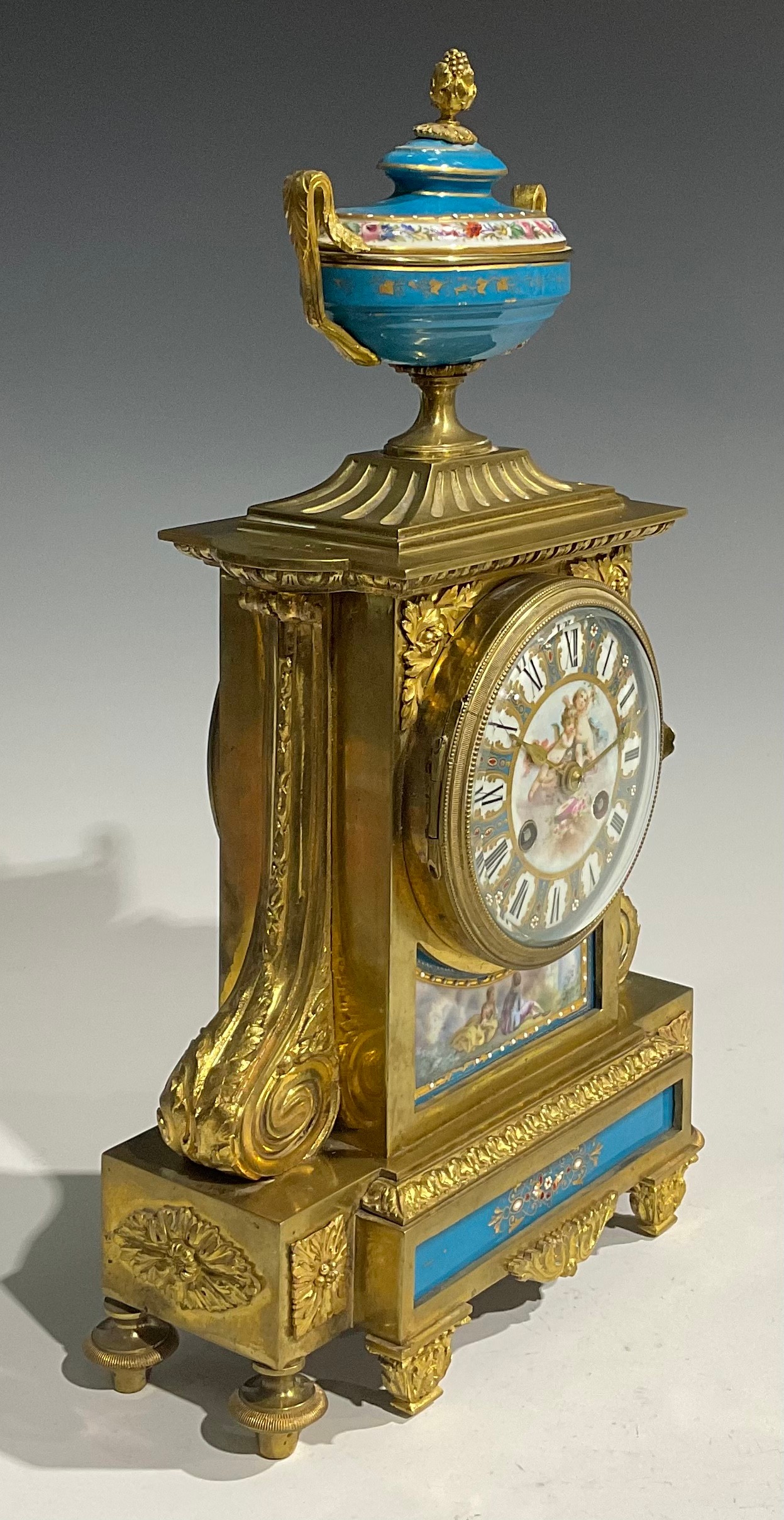 A 19th century French porcelain mounted gilt metal mantel clock, 10.5cm dial inscribed with Roman - Image 3 of 6