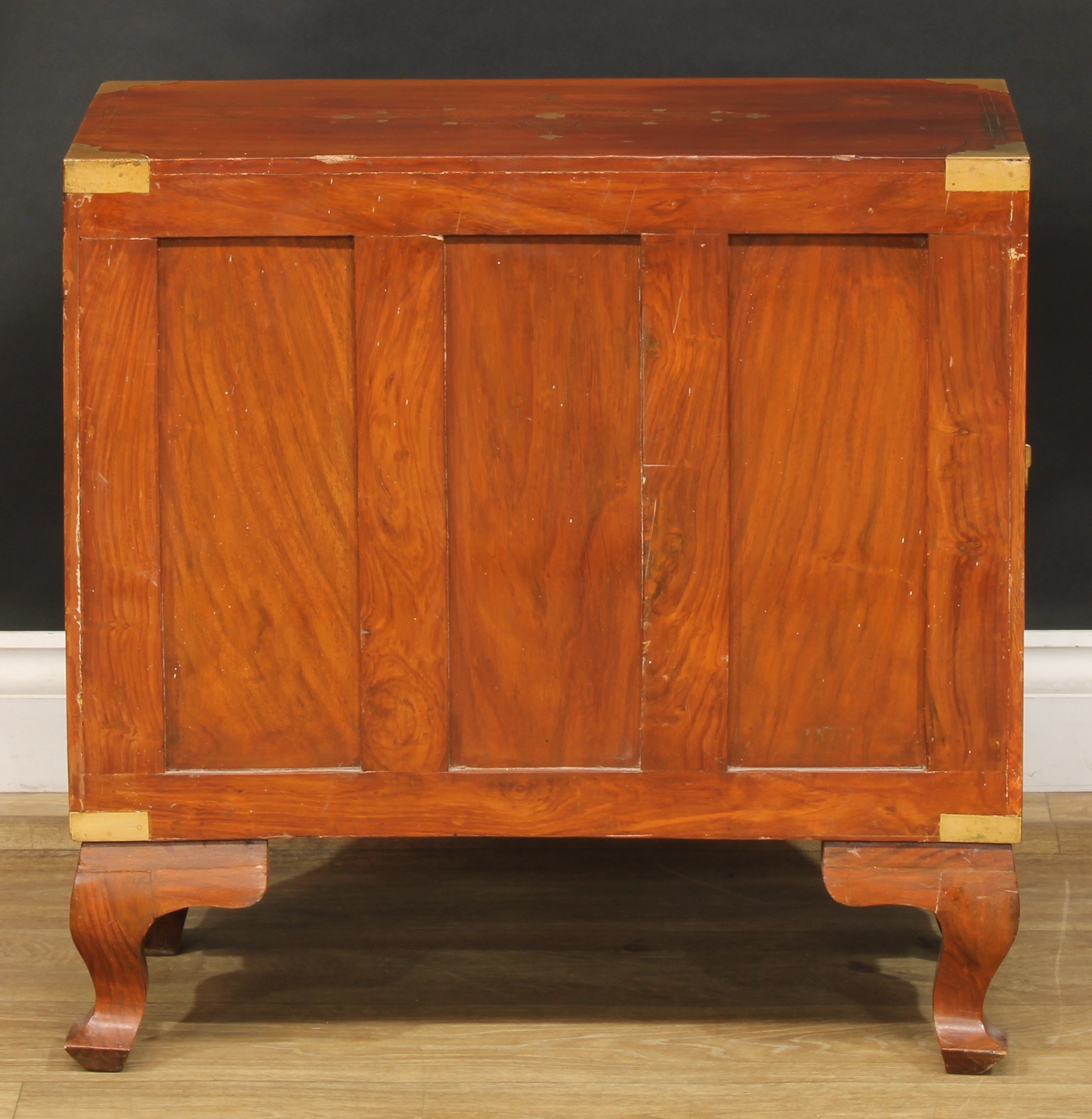 An Anglo-Indian design hardwood and brass marquetry chest, in the campaign manner and of small and - Image 5 of 5