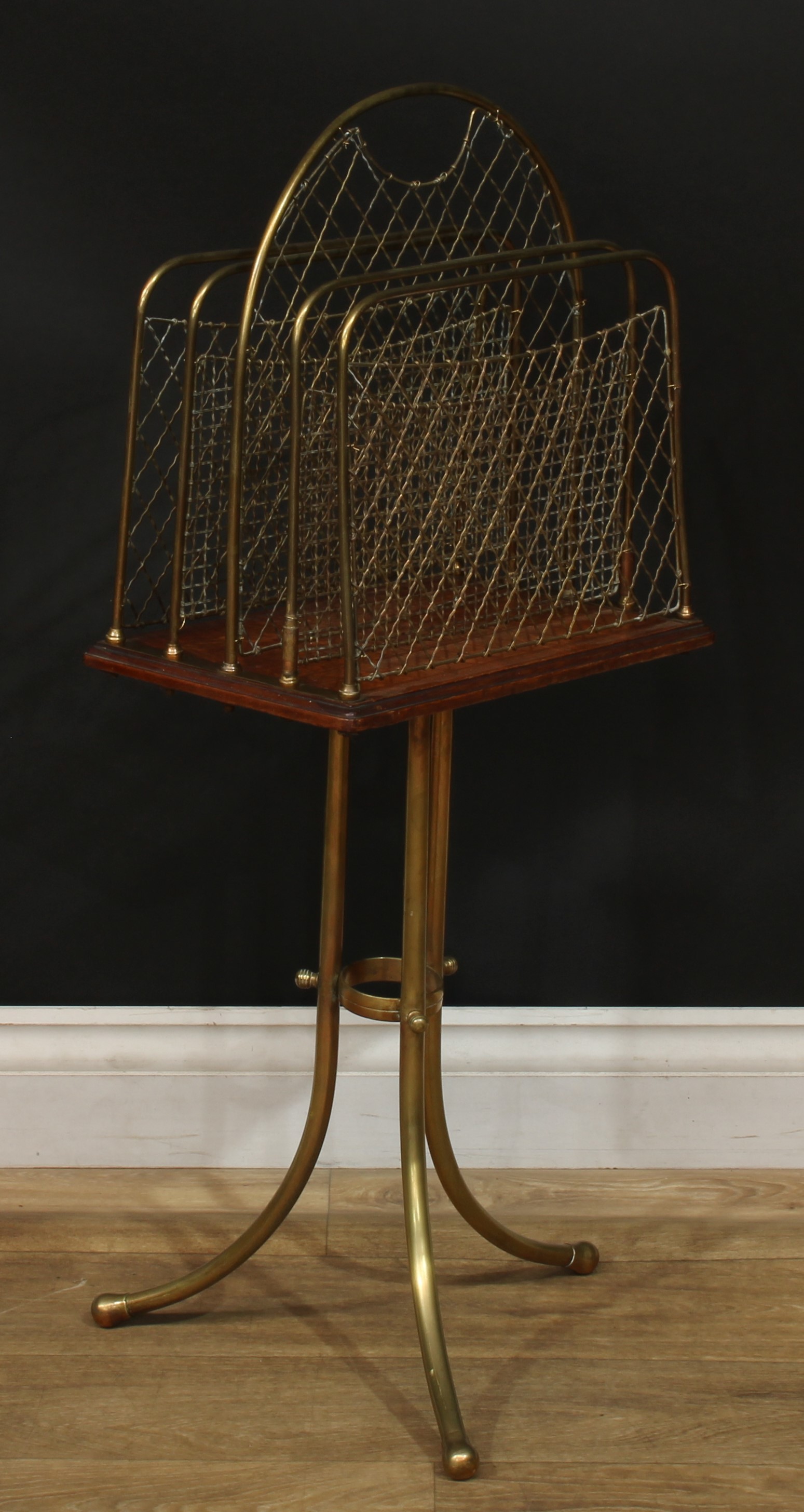 A late Victorian Hall patent brass and oak revolving Canterbury, 86cm high, 37.5cm wide, 23cm - Image 5 of 5