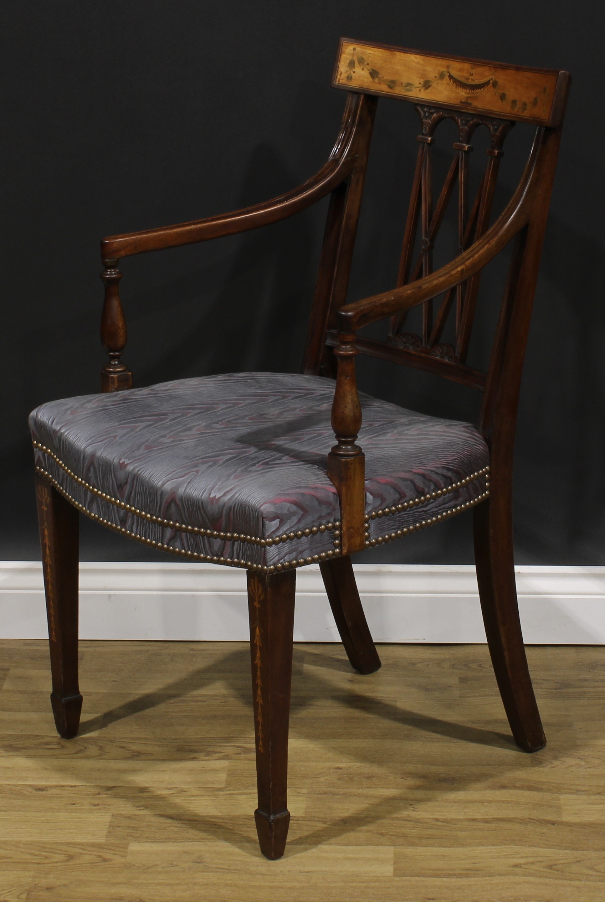 A pair of Sheraton Revival mahogany and marquetry elbow chairs, each cresting rail inlaid with an - Image 4 of 9