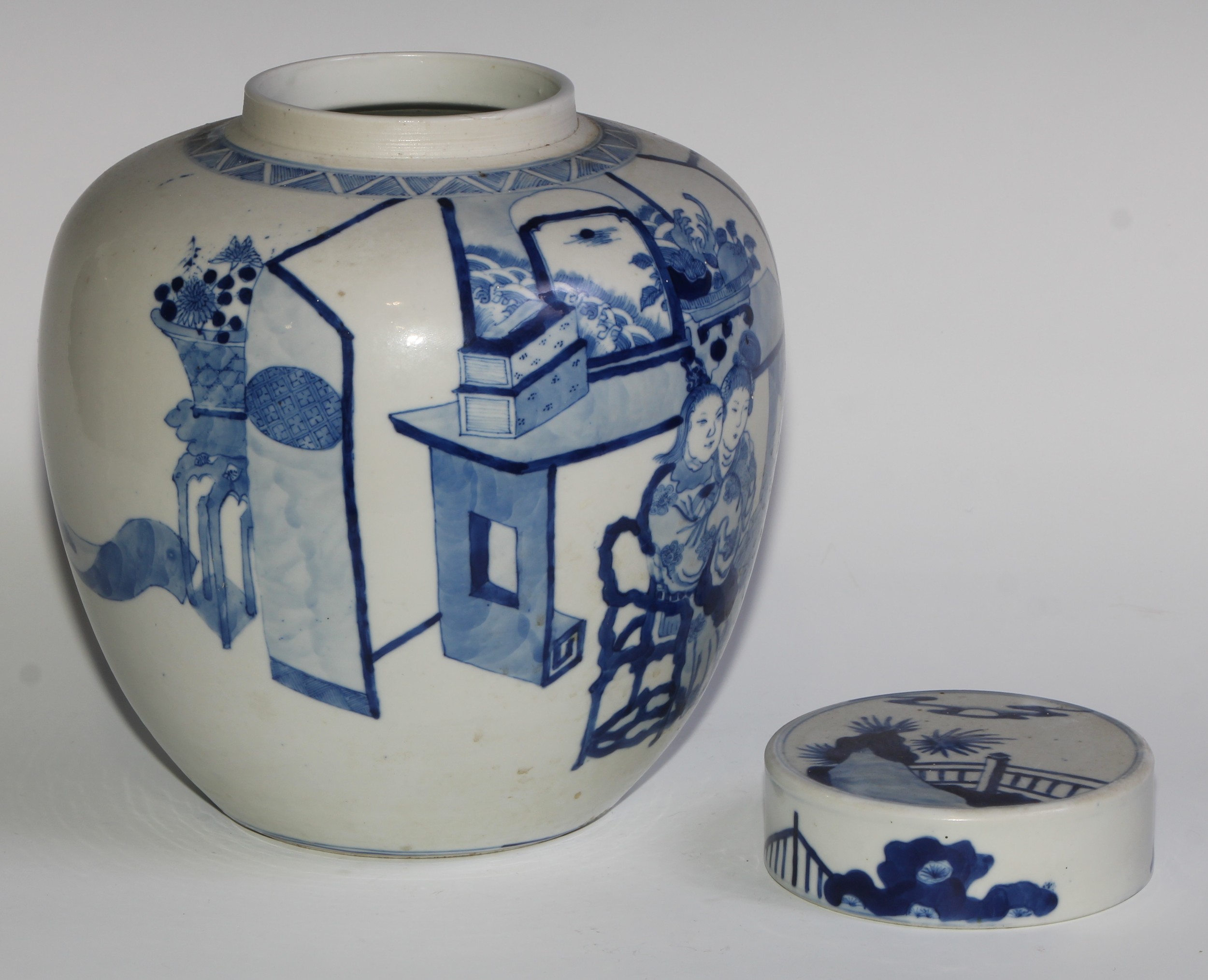 A Chinese ovoid ginger jar and cover, painted in tones of underglaze blue with ladies of the - Image 4 of 7