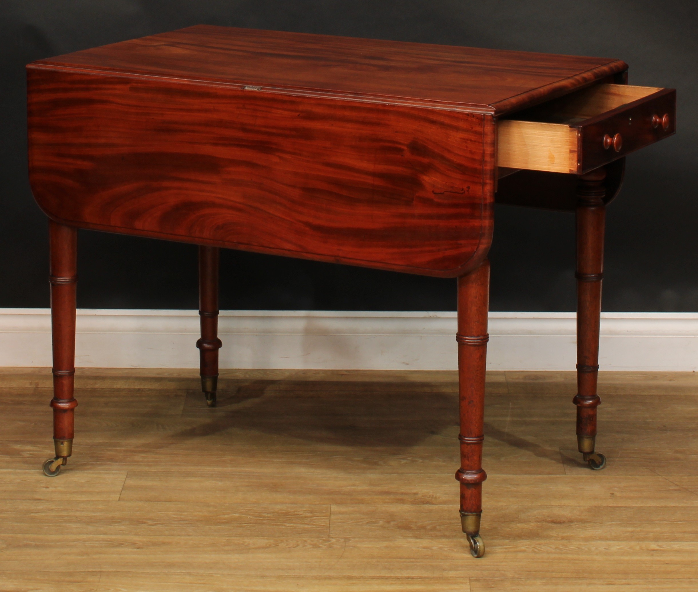 A George IV mahogany Pembroke table, rounded rectangular top with fall leaves above a single - Image 5 of 7