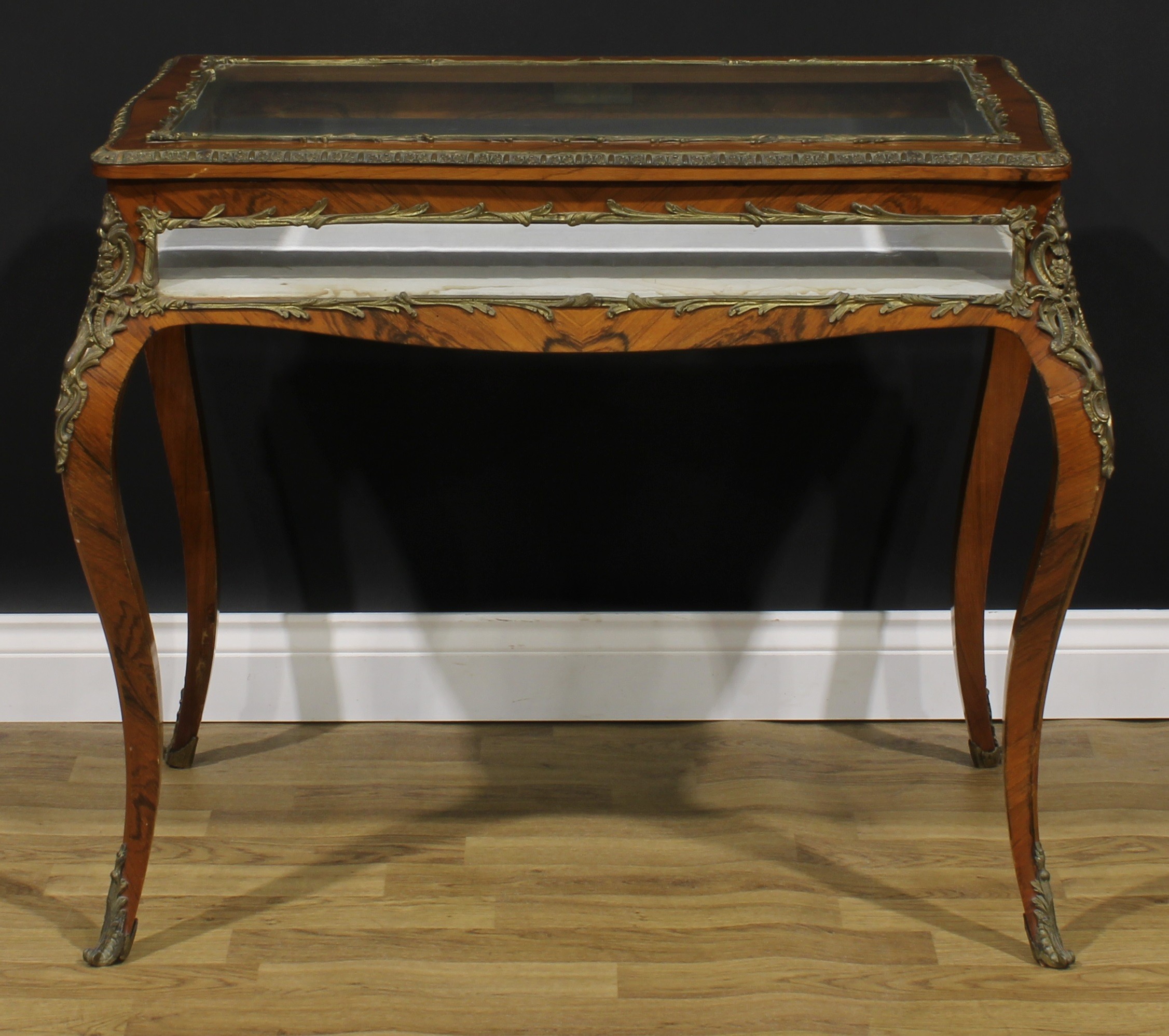 A Louis XV Revival gilt metal mounted rosewood bijouterie table, hinged top, French cabriole legs, - Image 4 of 4