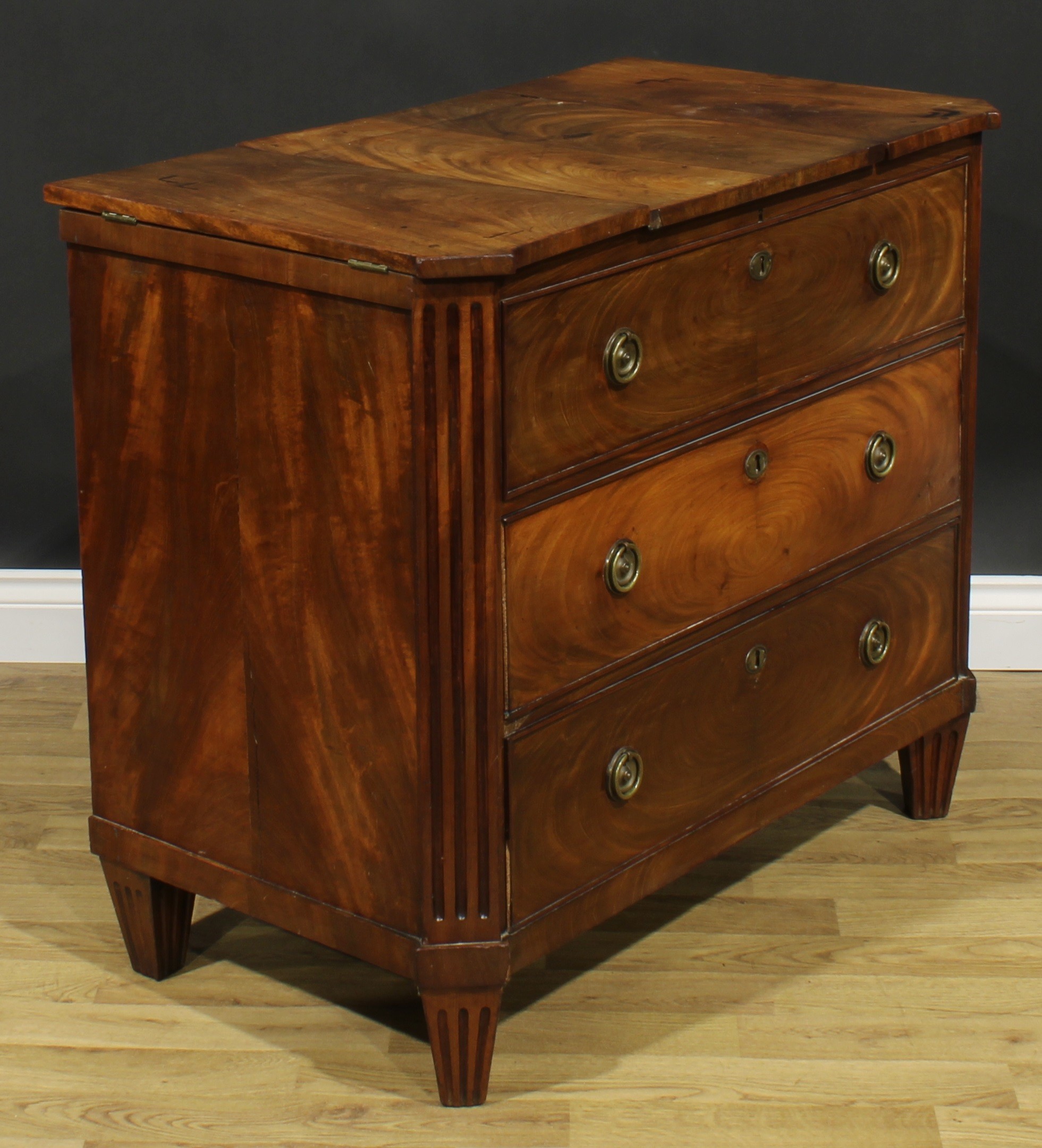 A 19th century Dutch mahogany dressing chest, tripartite hinged top, the centre enclosing a - Image 3 of 6