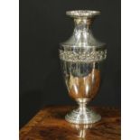 An early 20th century E.P.N.S ovoid table centre vase, wrapped reeded rim above a bas relief band of