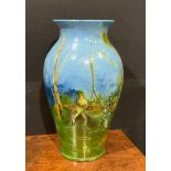 A large Burmantofts Faience 'Exhibition' baluster vase, painted with two duelling frogs in