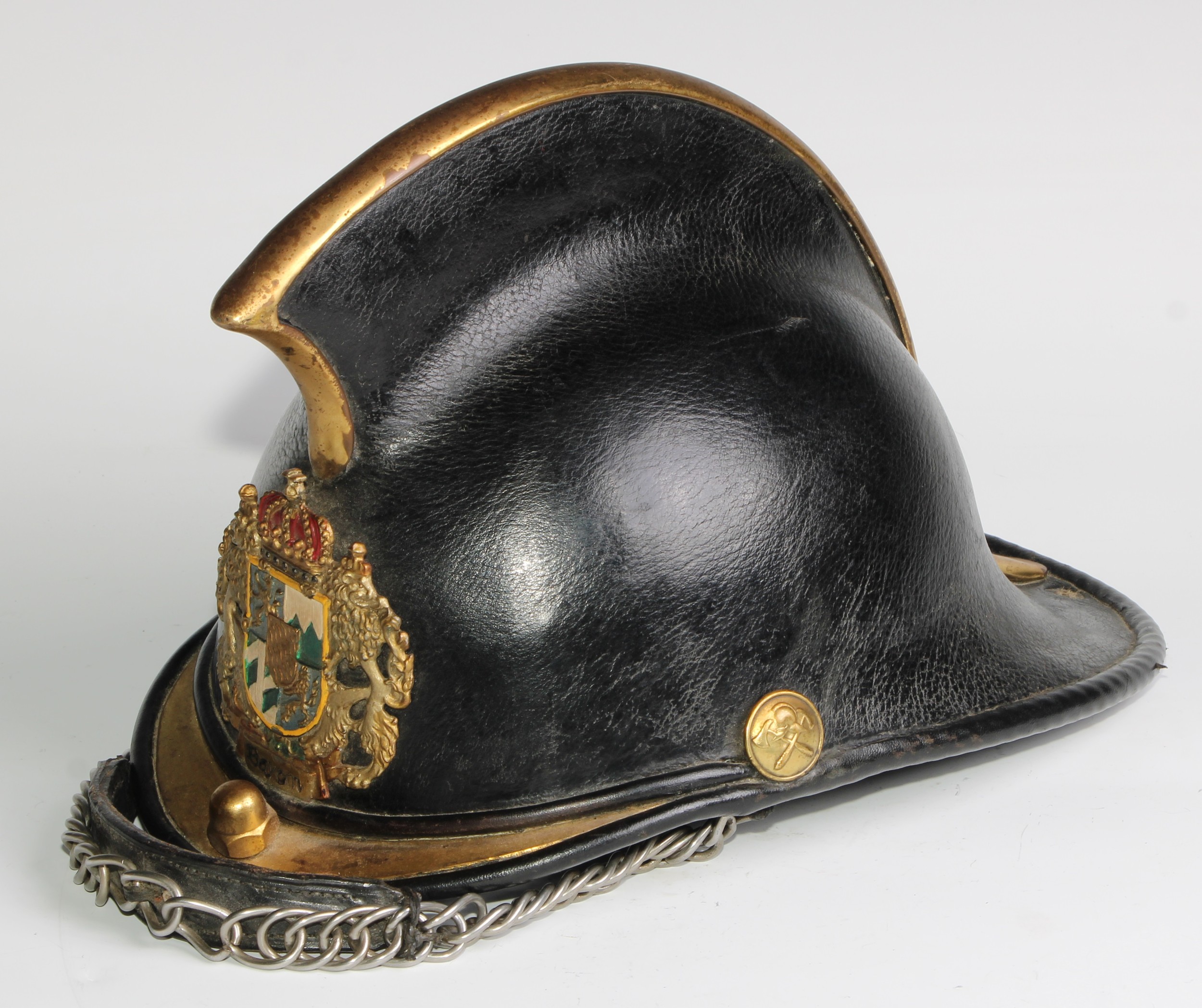 Fire Brigade History - a leather and brass fireman's helmet, applied with the German arms of Bayern, - Image 2 of 5