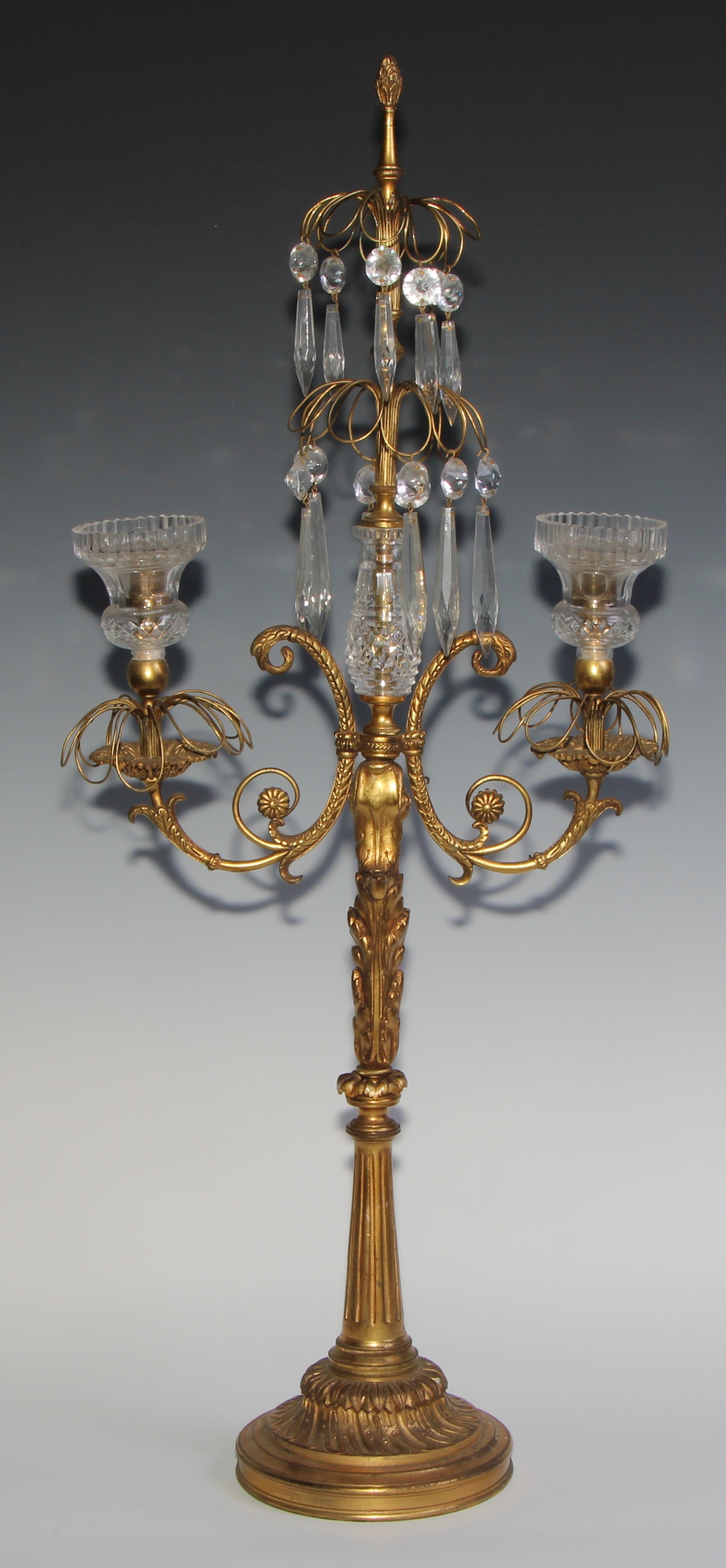 A 19th century French gilt bronze and hobnail-cut glass two-branch lustre candelabra, cast with a - Image 2 of 5