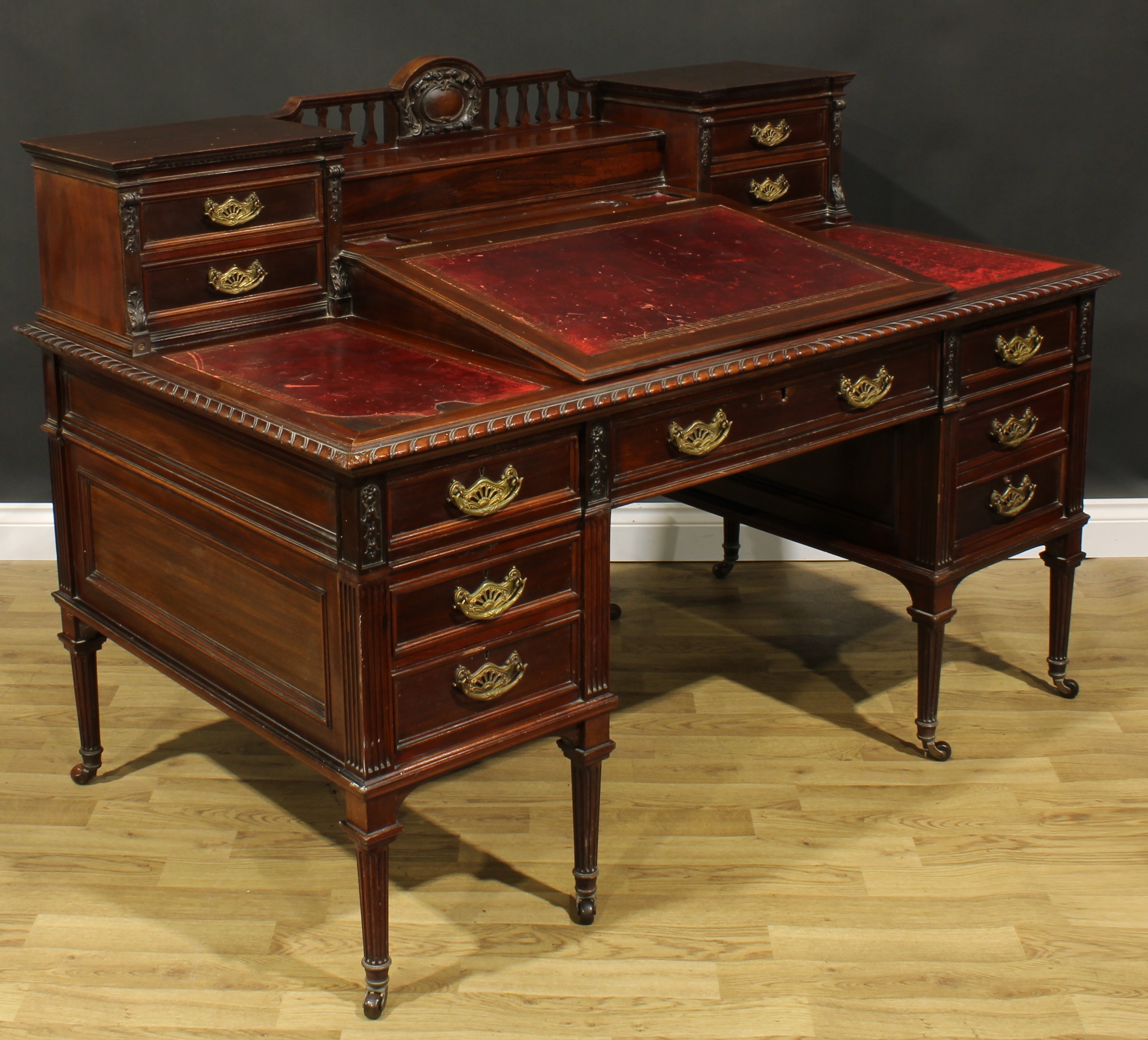 A late Victorian mahogany twin pedestal Dickens desk, shaped superstructure with hinged covered - Image 4 of 5