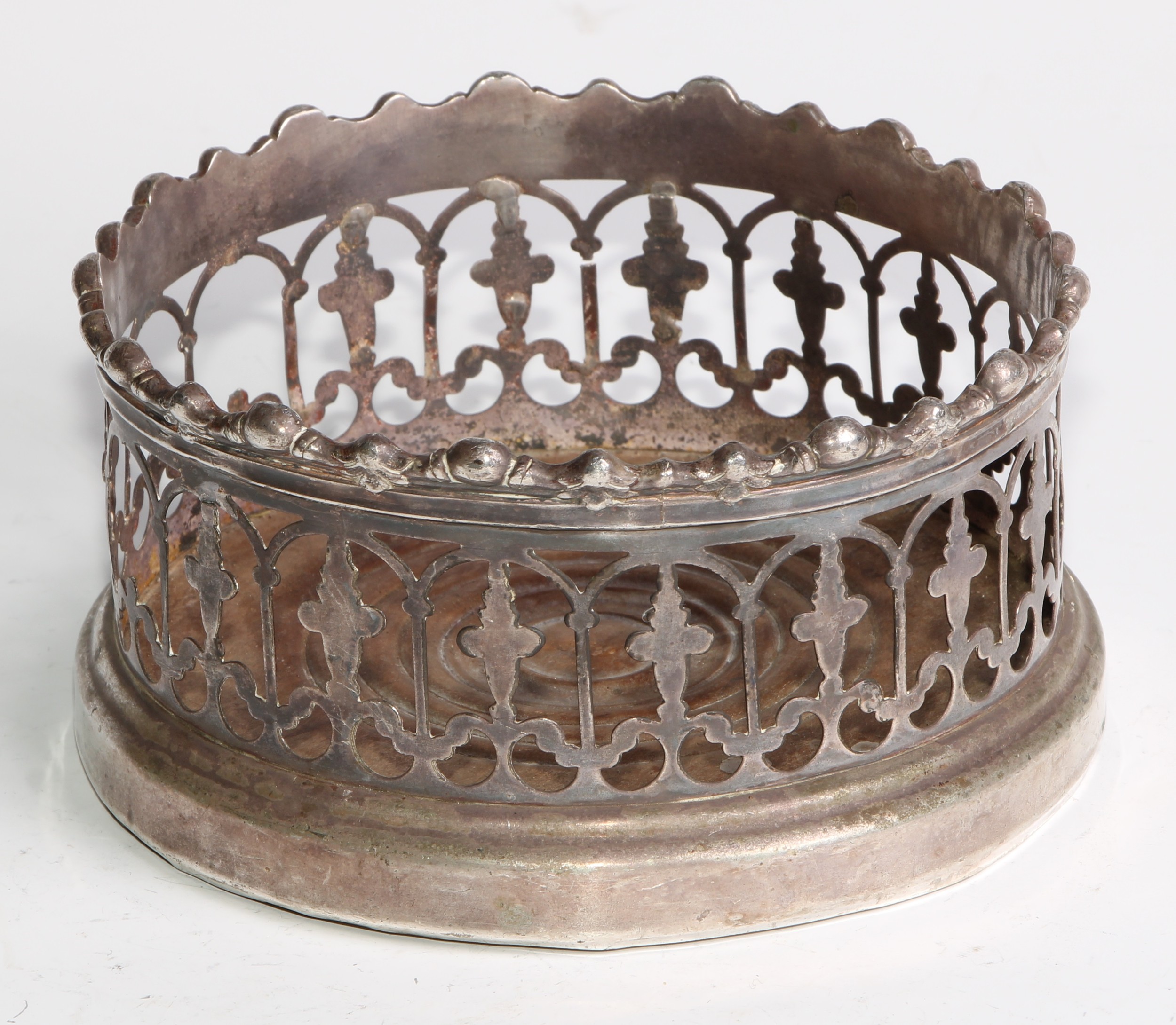 A George III Old Sheffield Plate wine coaster, deep gallery with reeded rim above a pierced band - Image 4 of 6