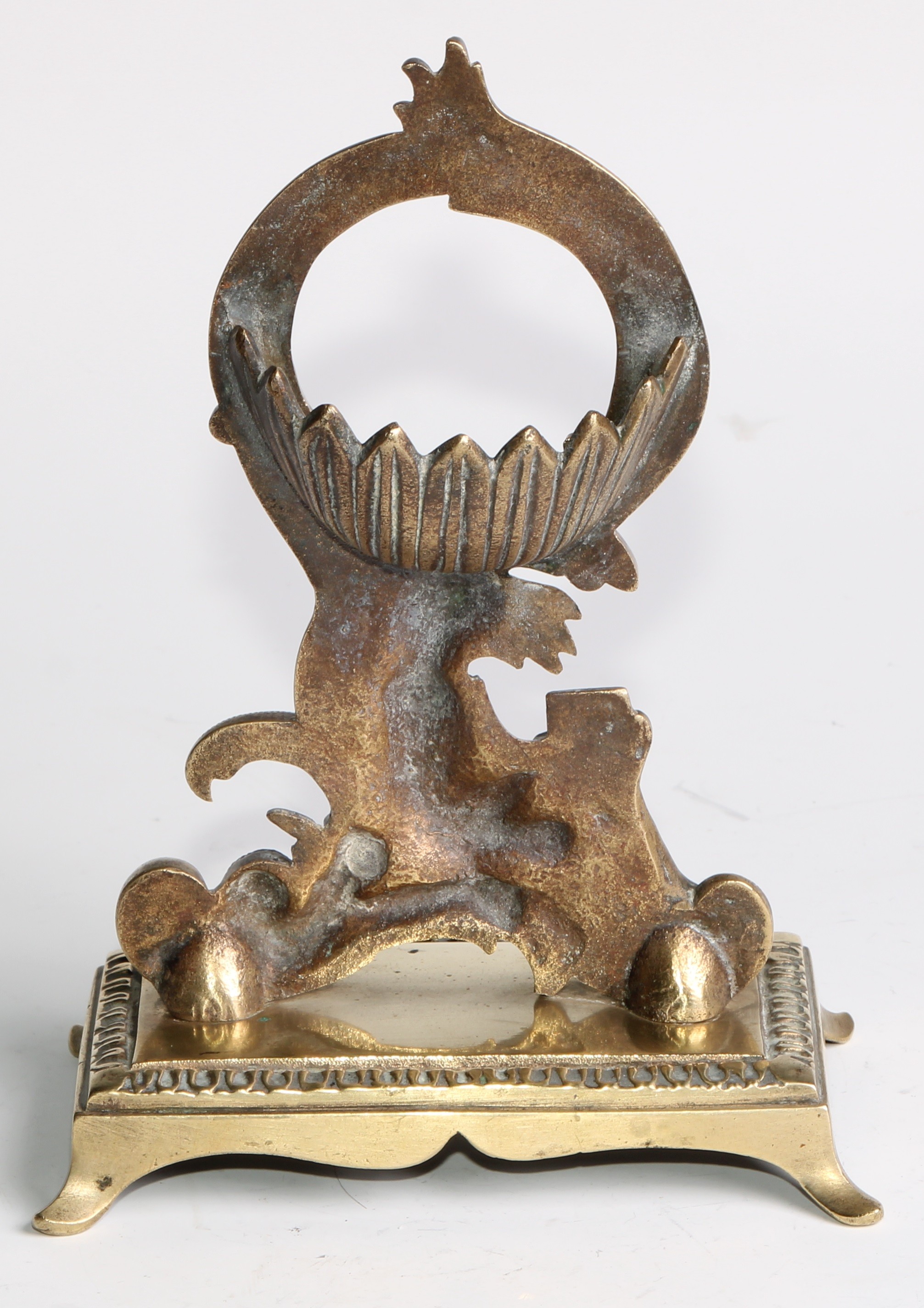 A 19th century brass pocket watch stand, cast in the Rococo taste with a figure reading, 17cm - Image 5 of 5