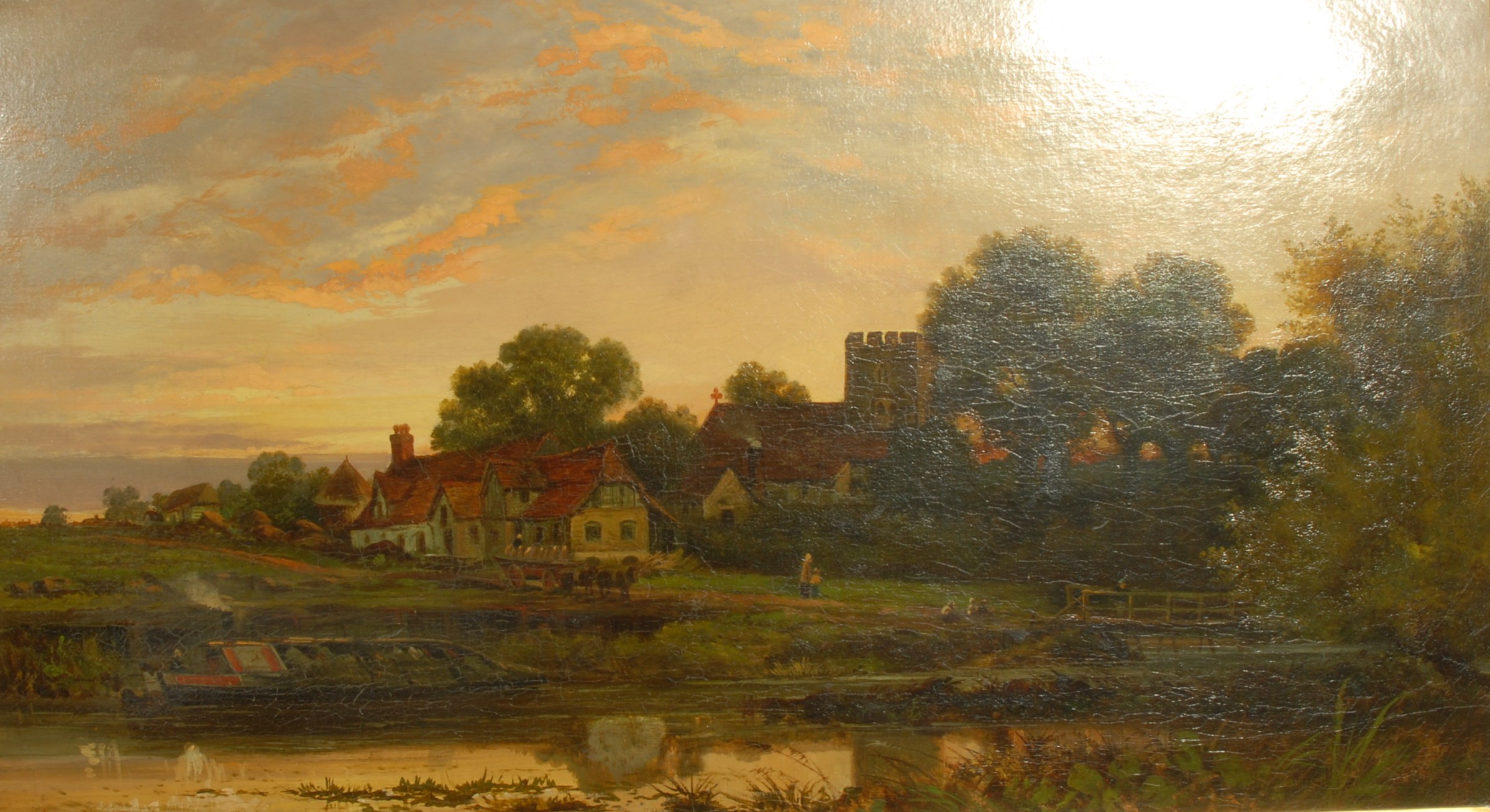 Claude Mason (19th century) Village at Sunset signed, oil on canvas, 44.5cm x 80cm