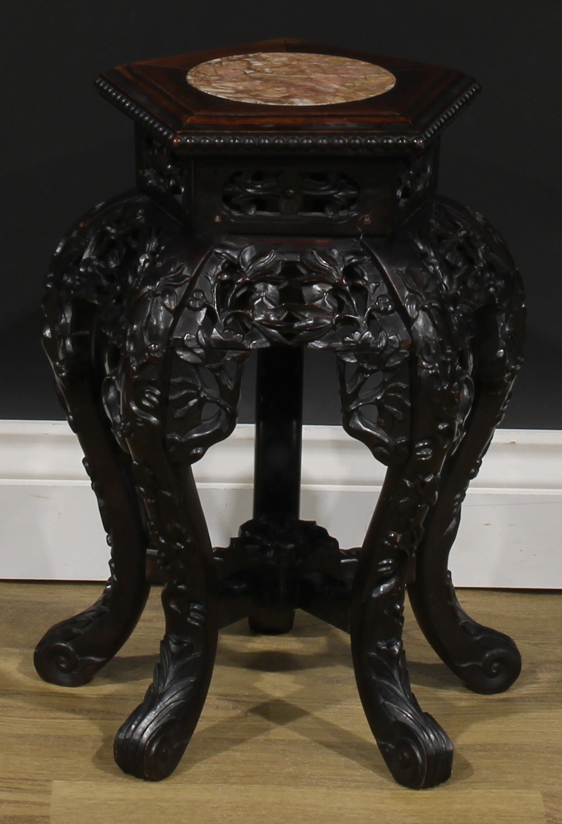 A Chinese hardwood jardiniere stand, pentagonal top with beaded border and inset marble panel, - Image 2 of 5