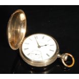 An 18ct rose gold Elgin Nat'l Watch Co. full hunter pocket watch, white enamel dial, Roman numerals,