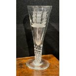A 19th century oversize wine glass, conical bowl etched with sailing ship, wrythen stem, circular