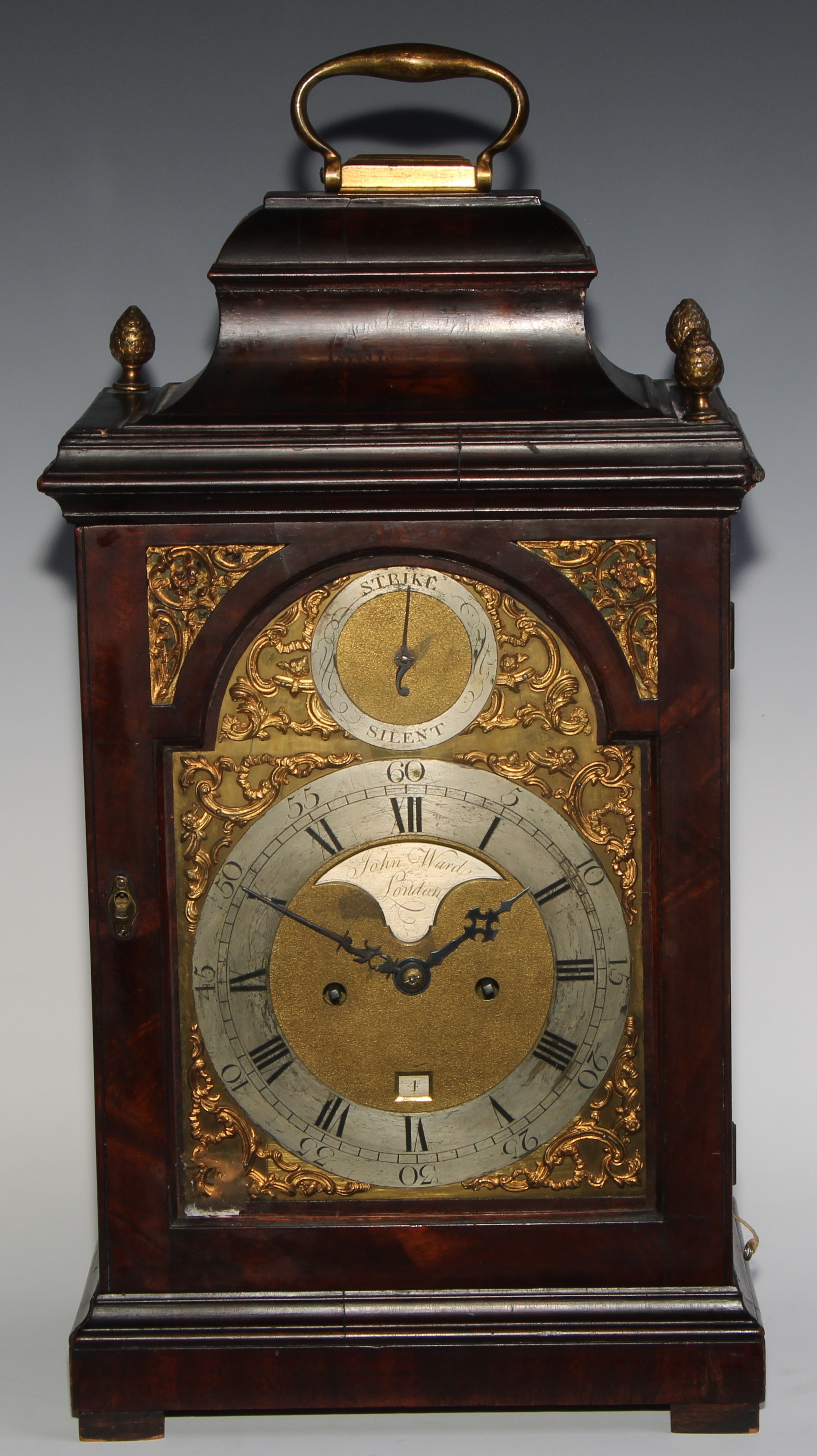 A George III mahogany repeating bracket clock, 17.5cm arched brass dial inscribed John Ward, London, - Image 3 of 7