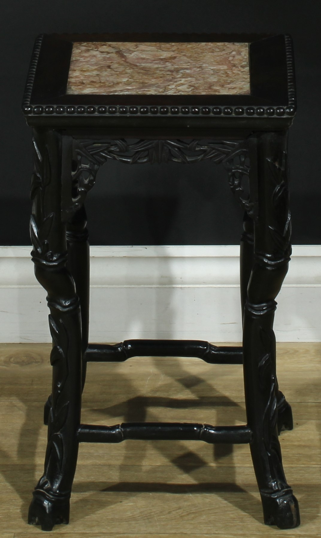 A pair of Chinese hardwood jardiniere stands, each with a square top with beaded border and inset - Image 7 of 10