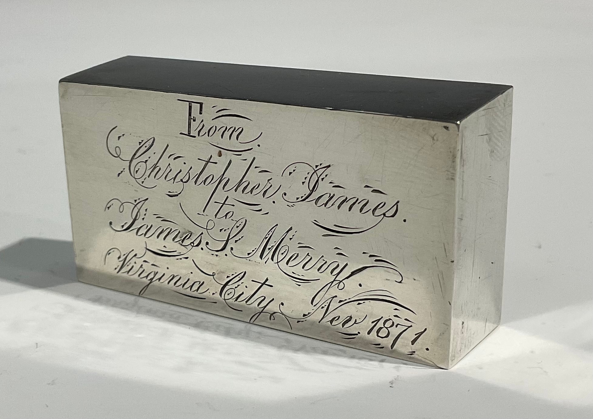 A late 19th century American silver ingot or desk weight, "From Christopher James to James S - Image 2 of 4