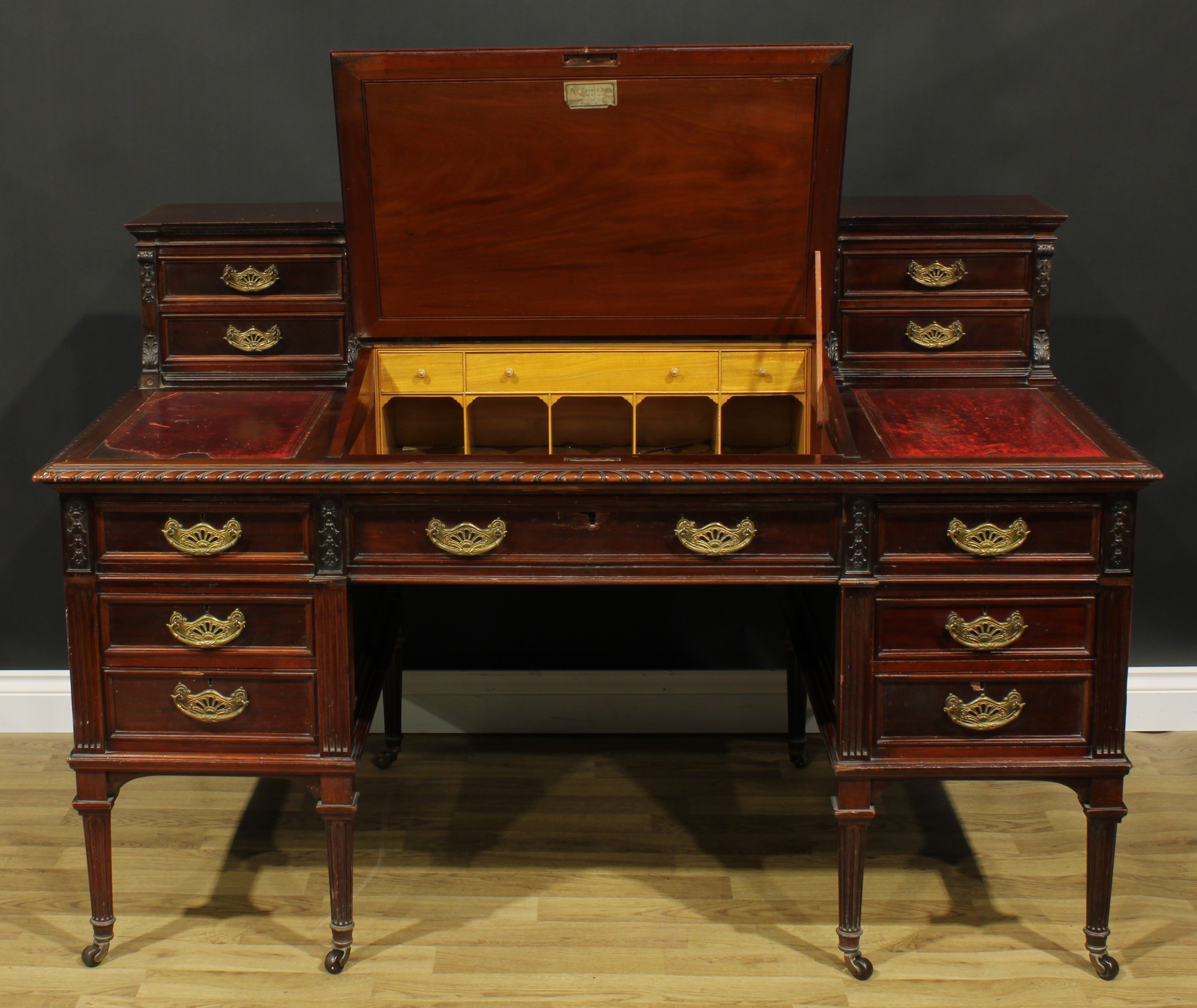 A late Victorian mahogany twin pedestal Dickens desk, shaped superstructure with hinged covered - Image 3 of 5