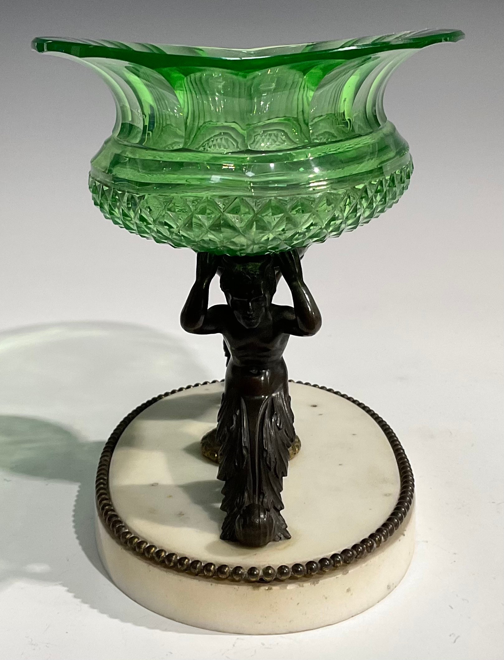 A 19th century dark patinated bronze, carara marble and green glass table centrepiece, the oval - Image 3 of 5