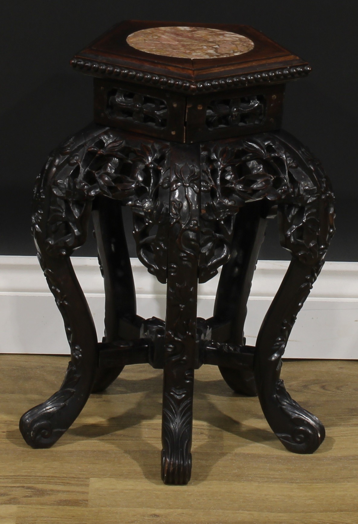 A Chinese hardwood jardiniere stand, pentagonal top with beaded border and inset marble panel, - Image 5 of 5