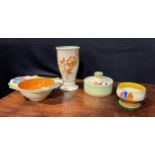 A Clarice Cliff Crocus pattern two handled bowl, 17.5cm wide, printed Newport Pottery marks; a