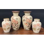 A pair of Lovatts Langley Ware slender ovoid vases, decorated in sgraffito with salmon pink
