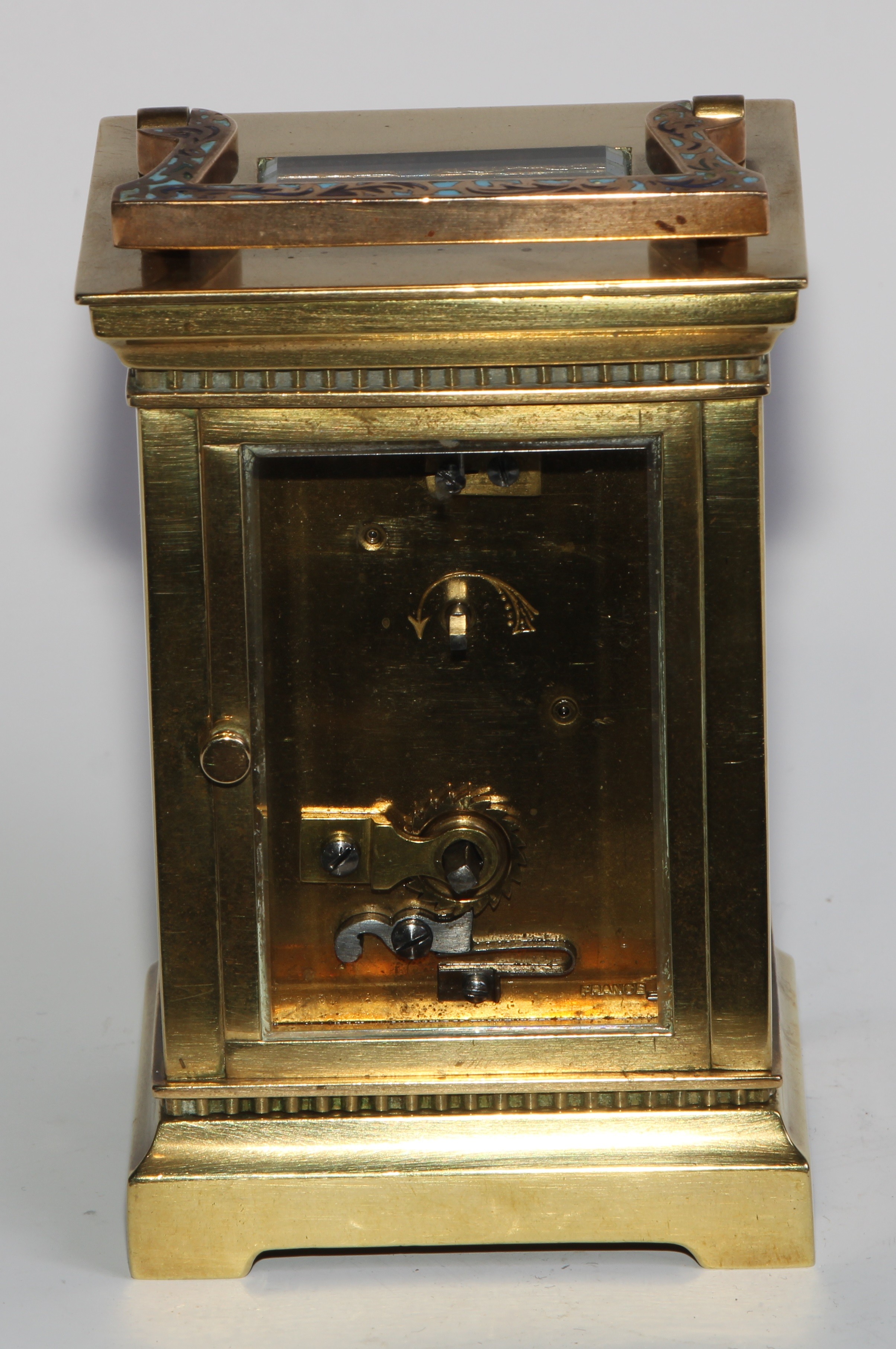 A French gilt brass and champleve enamel carriage timepiece, 4.5cm circular enamel dial inscribed - Image 6 of 8