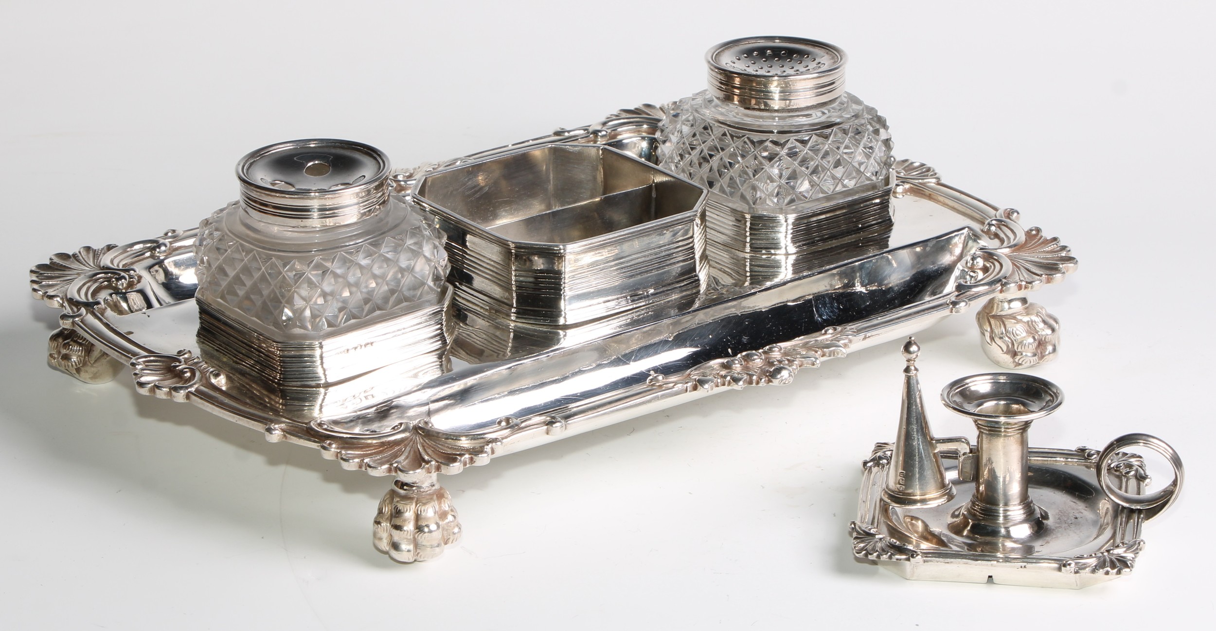 A George III silver shaped rectangular partners' inkstand, central wafer box enclosed by a - Image 4 of 6