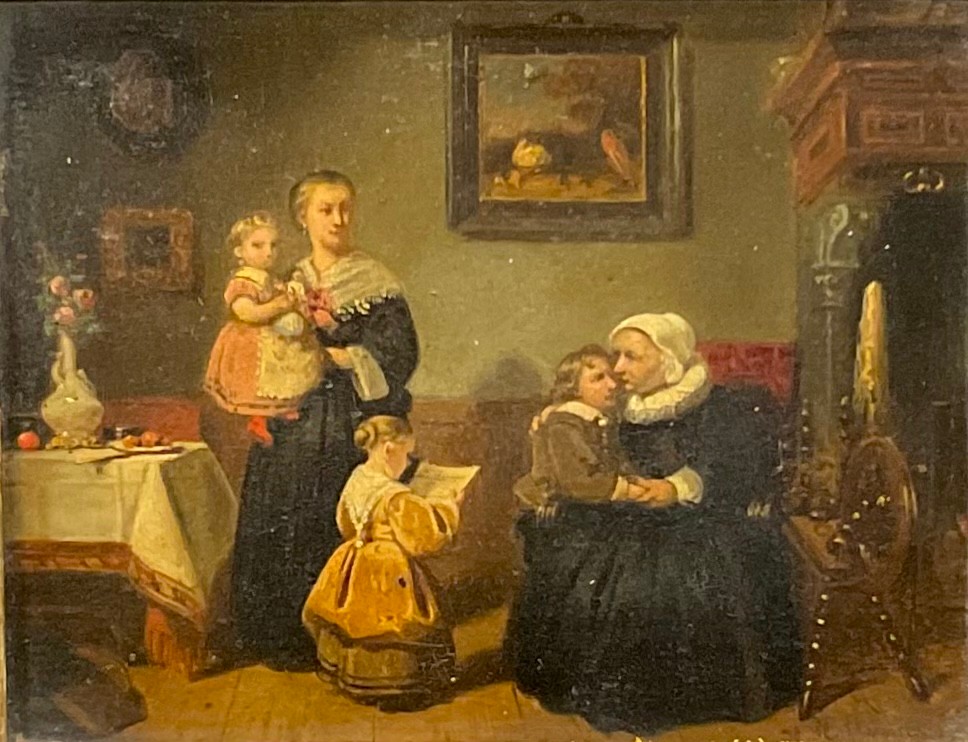 Dutch School (19th century) The Doting Grandmother indistinctly signed, oil on panel, 14.5cm x 18.