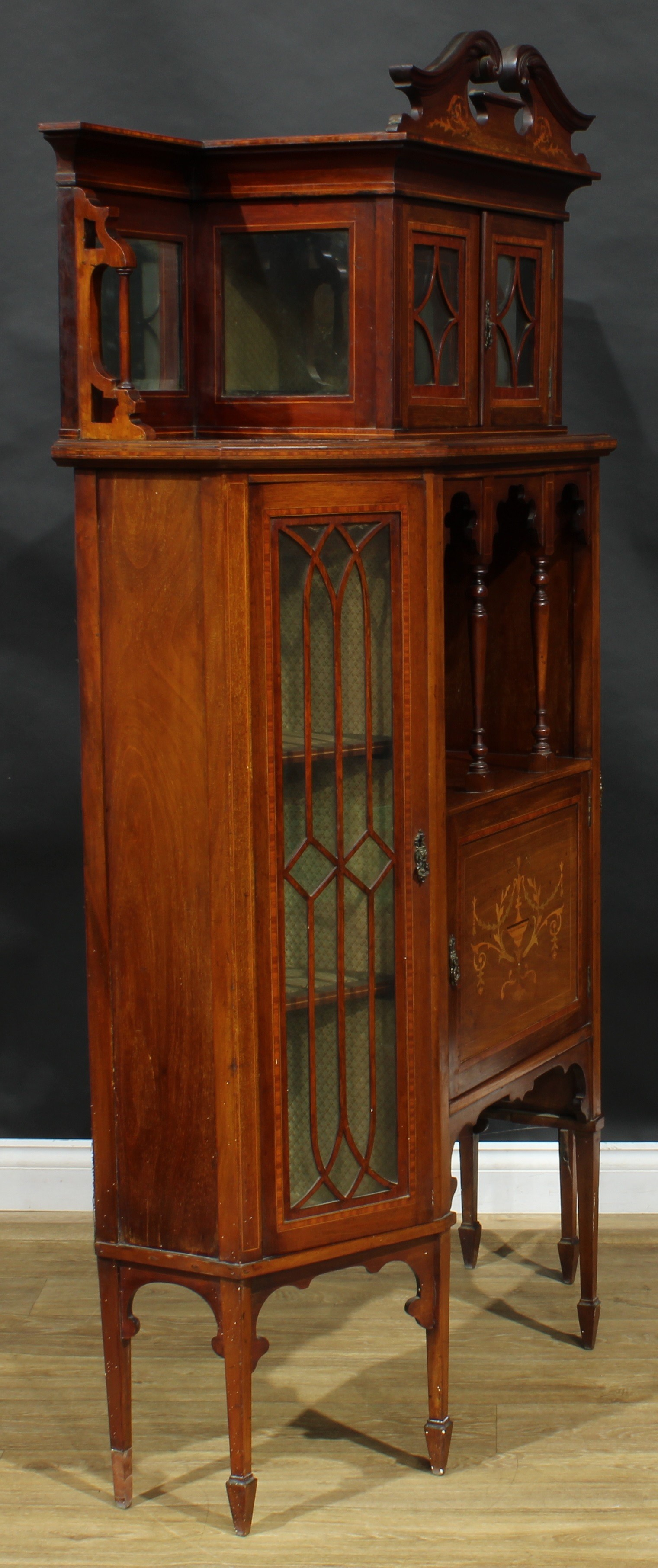 An Edwardian satinwood crossbanded mahogany and marquetry display cabinet, shaped superstructure - Image 3 of 5