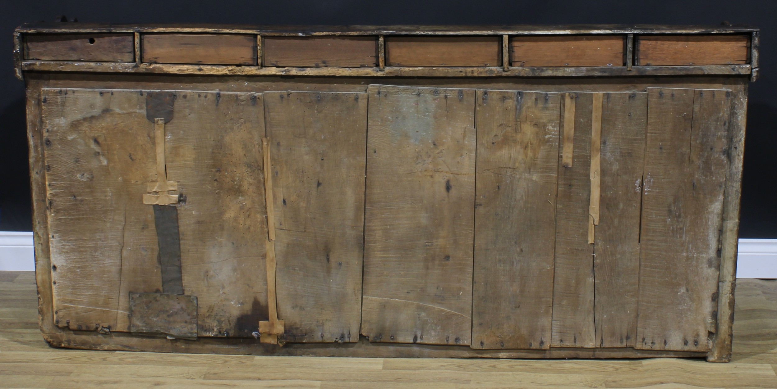 An 18th century oak low dresser, rectangular top with six small drawers above a pair of raised and - Image 6 of 6
