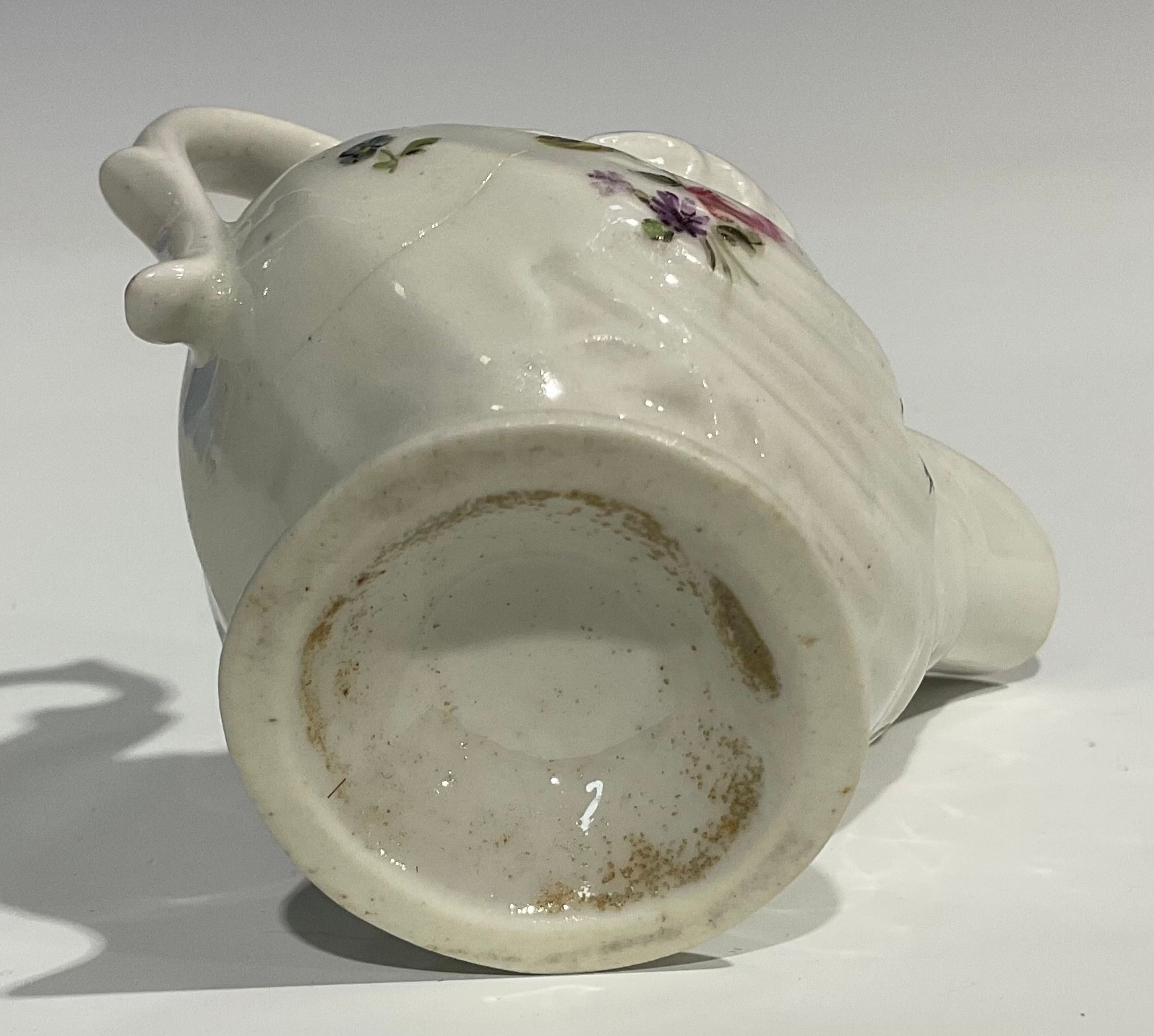 A Derby dolphin ewer cream jug, in relief with shell moulding, painted in polychrome with flowers - Image 5 of 6