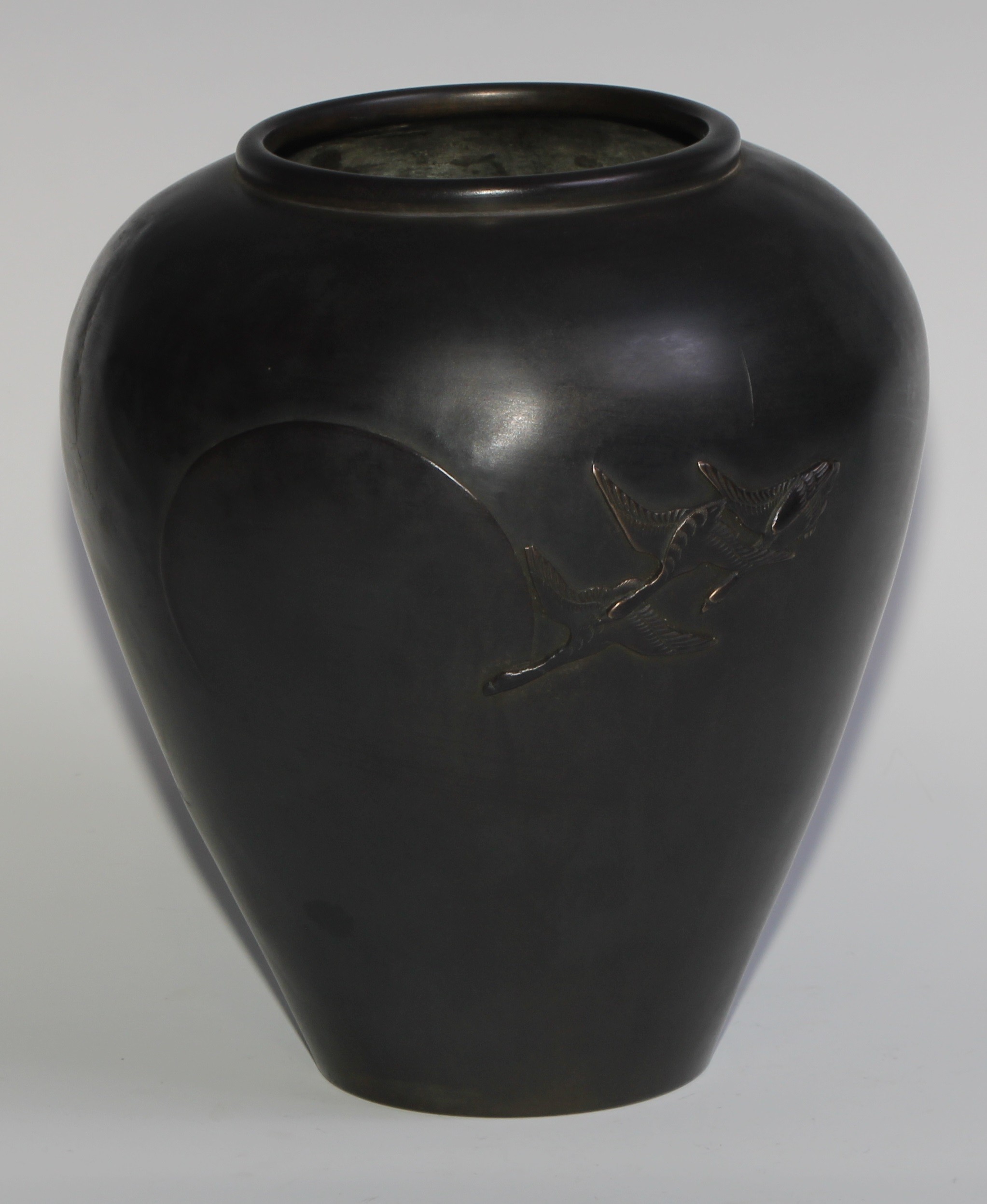 A pair of Japanese dark patinated bronze ovoid vases, cast with carp and geese, 21cm high, signed, - Image 5 of 10