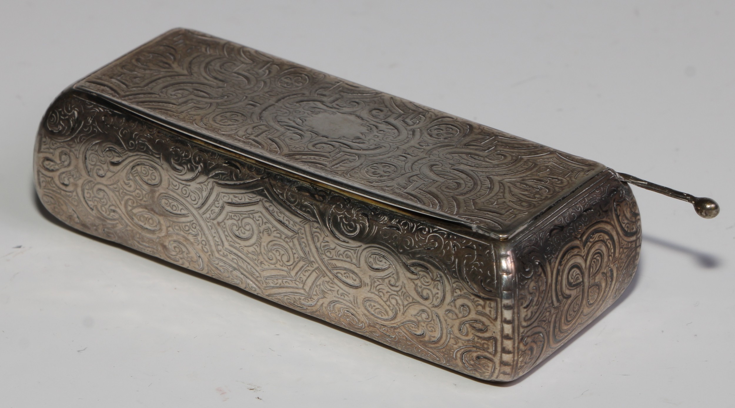 A 19th century French bowed rectangular snuff box, engraved and chased overall with strap work and - Image 5 of 5