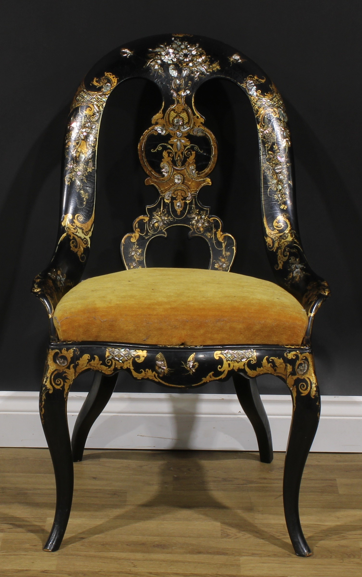 A harlequin suite of three Victorian parcel gilt black lacquer papier-mâché, ebonised and mother - Image 2 of 13