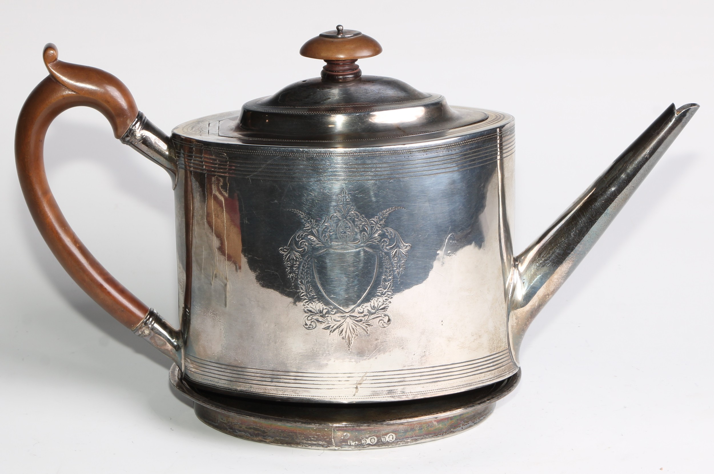 A George III silver oval drum shaped teapot, bright-cut and wrigglework engraved with bands and - Image 2 of 10