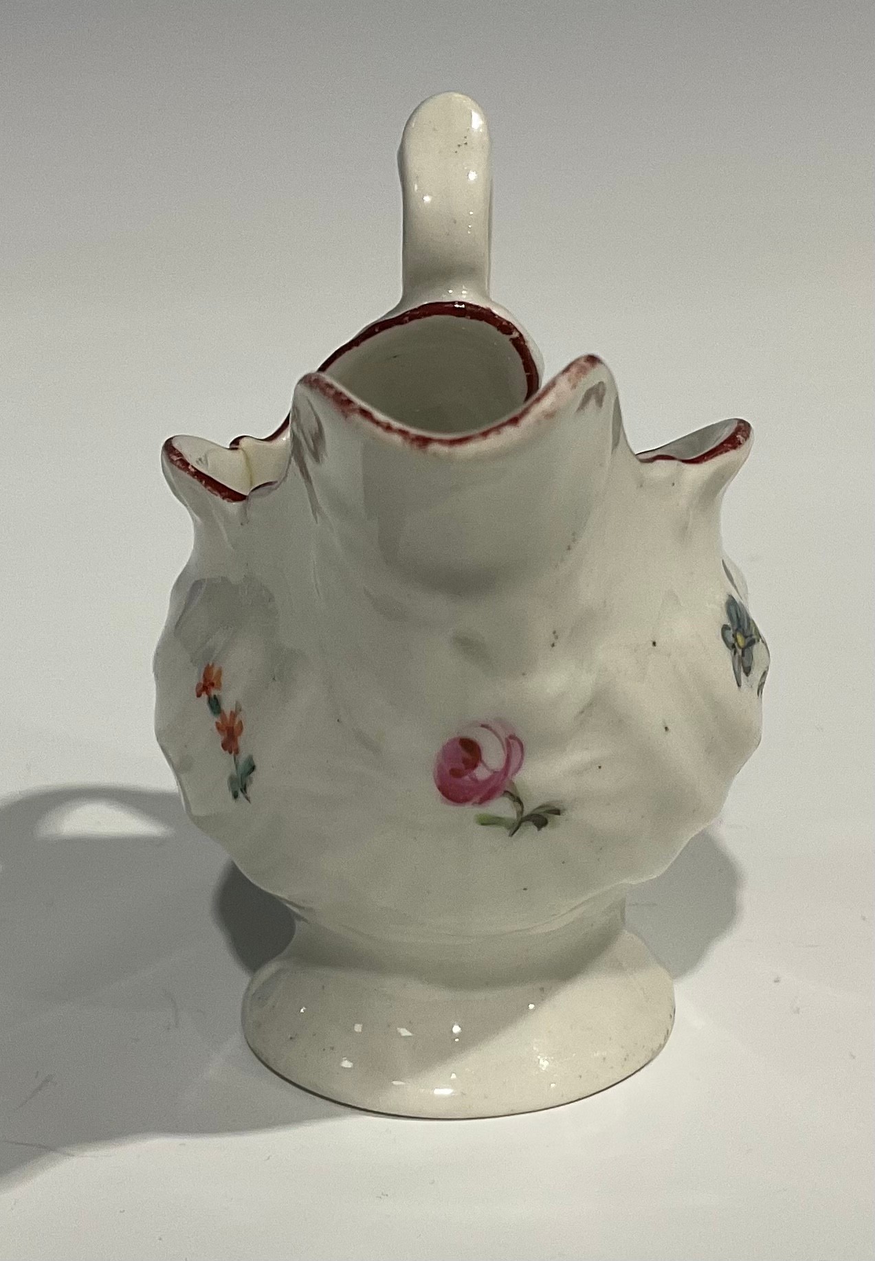 A Derby dolphin ewer cream jug, in relief with shell moulding, painted in polychrome with flowers - Image 2 of 6