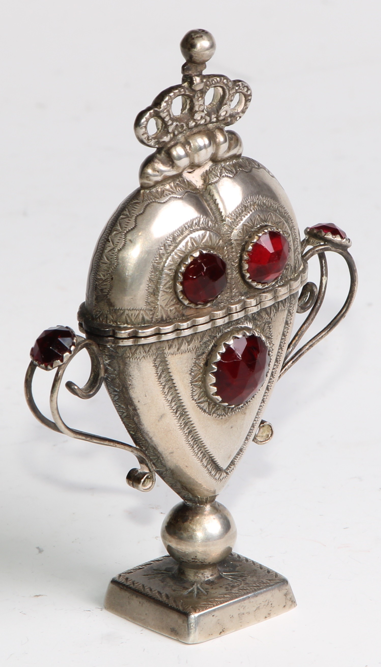 A Danish silver heart shaped hovedvandsaeg marriage box, set with red stones, hinged cover crested - Image 3 of 6