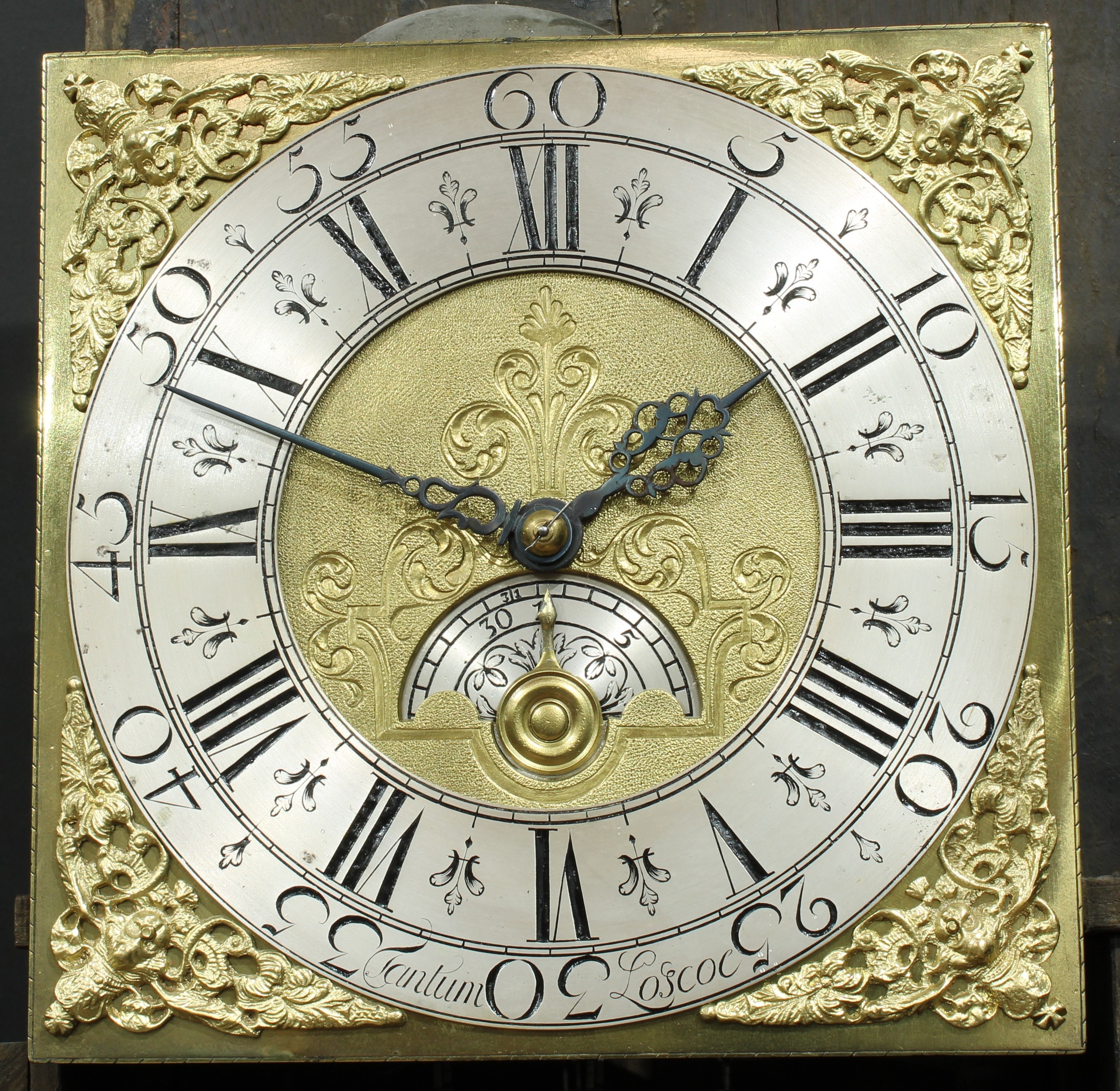 A George I/II oak Derbyshire longcase clock, 27cm square brass dial with silvered chapter ring - Image 4 of 6