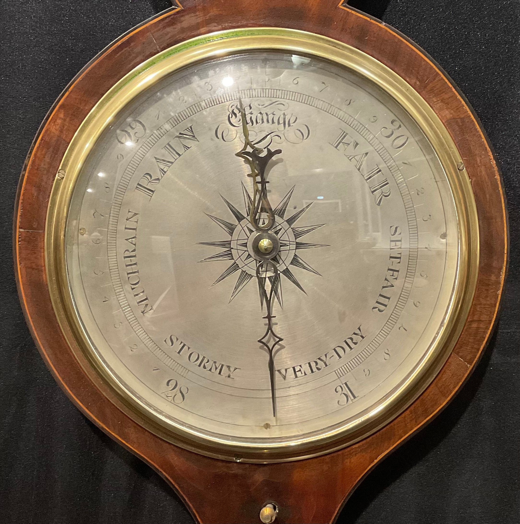 A 19th century mahogany wheel barometer, 20cm silvered register, hygrometer, mercury thermometer, - Image 2 of 4