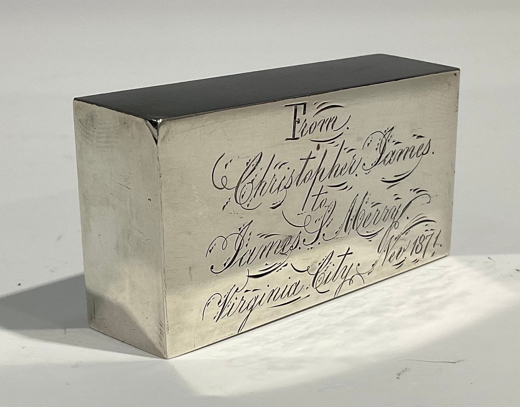 A late 19th century American silver ingot or desk weight, "From Christopher James to James S - Image 3 of 4