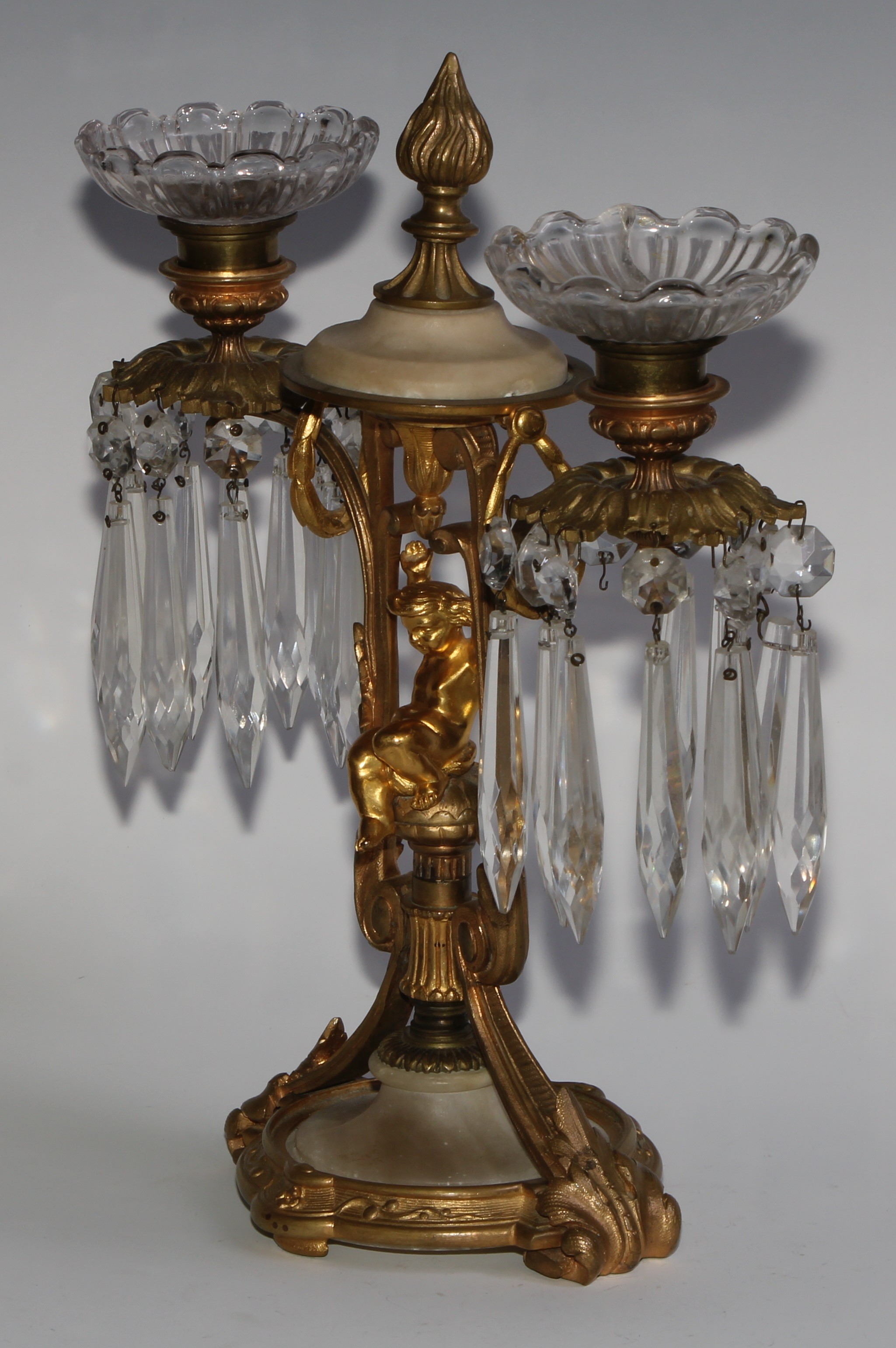 A pair of 19th century French gilt metal and alabaster two-light mantel candle lustres, each centred - Image 9 of 10