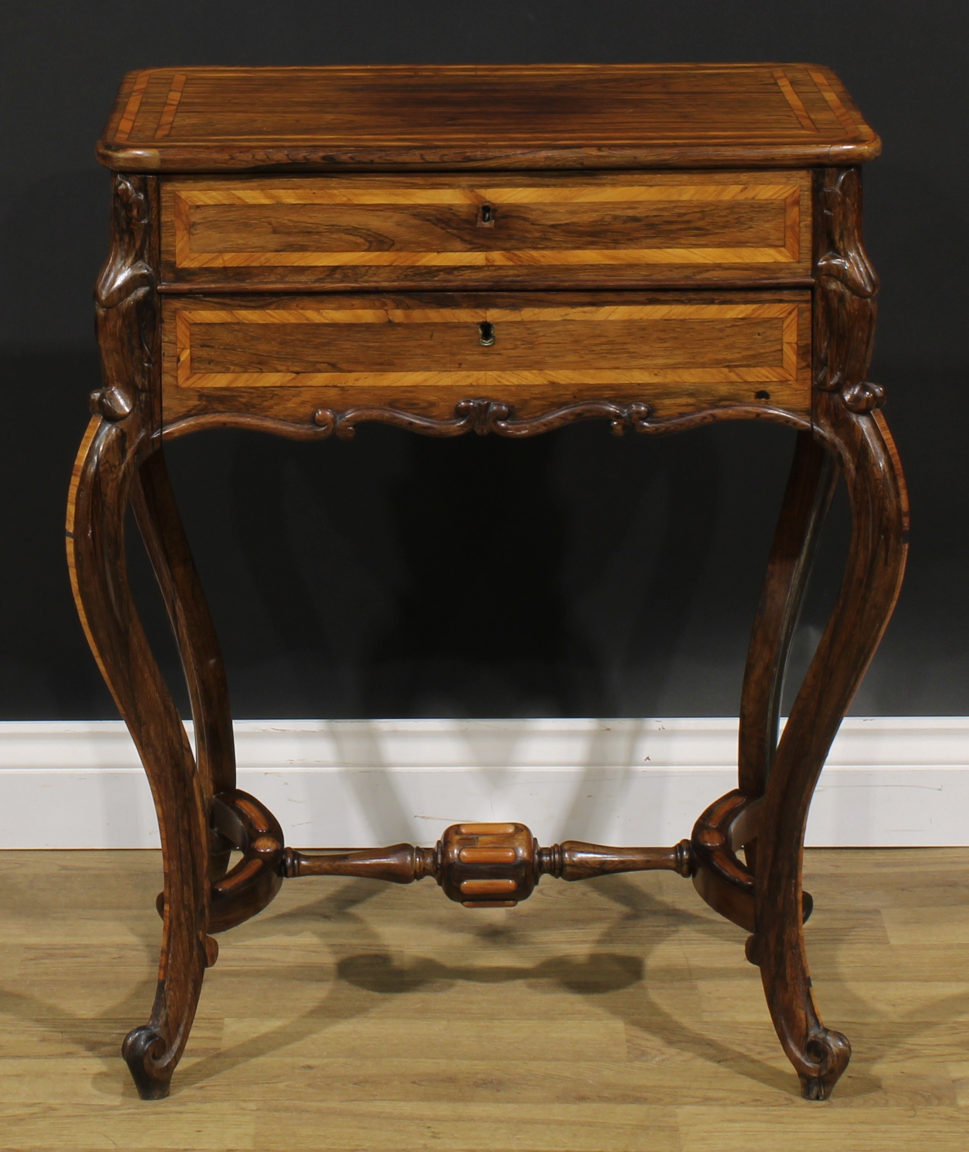 A Louis XV Revival kingwood banded rosewood work table, hinged top above a long apron drawer, French - Image 2 of 6